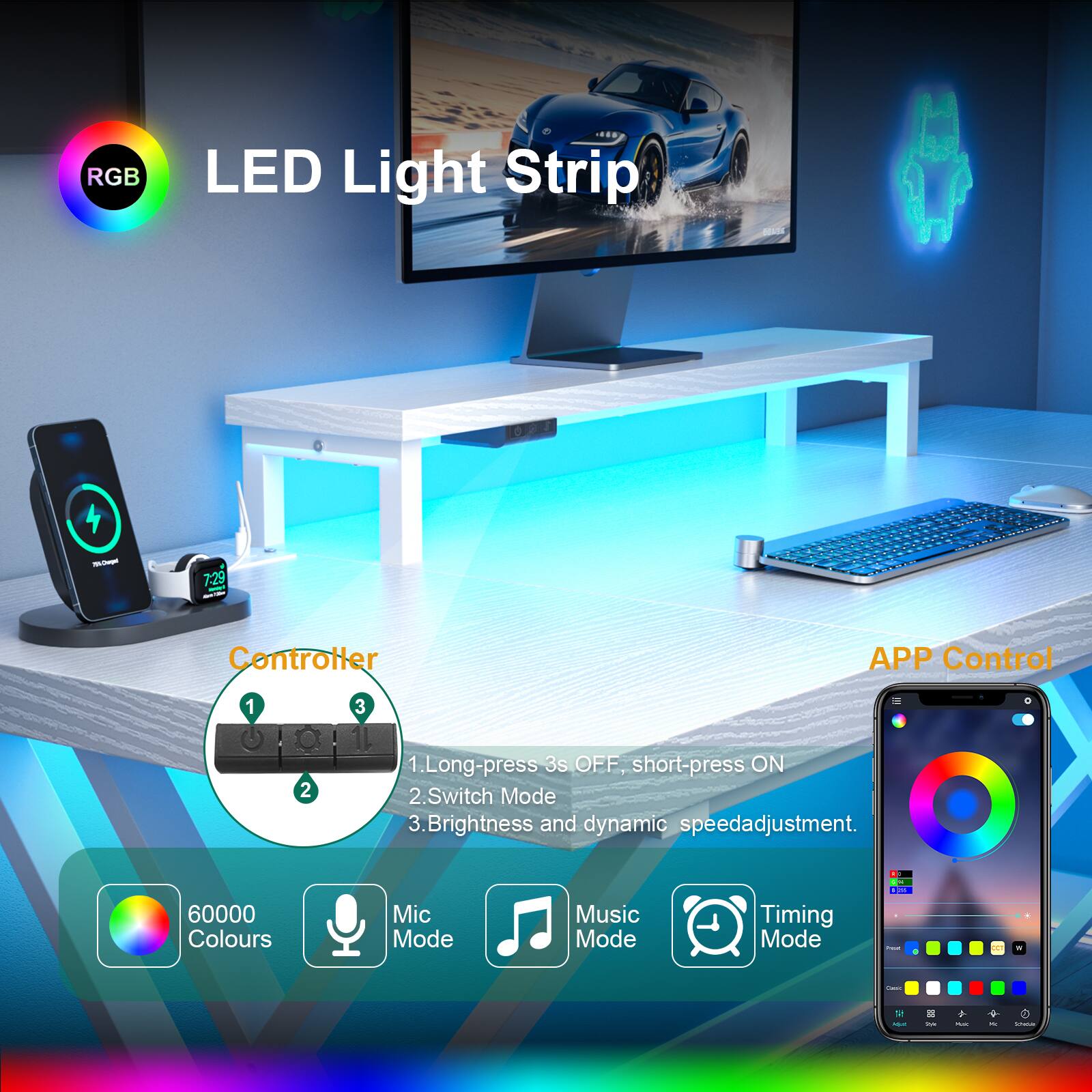 RGB LED Light Strip

Controller
1. Long-press 3s OFF, short-press ON
2. Switch Mode
3. Brightness and dynamic speed adjustment

APP Control
- 60000 Colours
- Mic Mode
- Music Mode
- Timing Mode

RGB LED Light Strip

Controller
1. Long-press 3s OFF, short-press ON
2. Switch Mode
3. Brightness and dynamic speed adjustment

APP Control
- 60000 Colours
- Mic Mode
- Music Mode
- Timing Mode