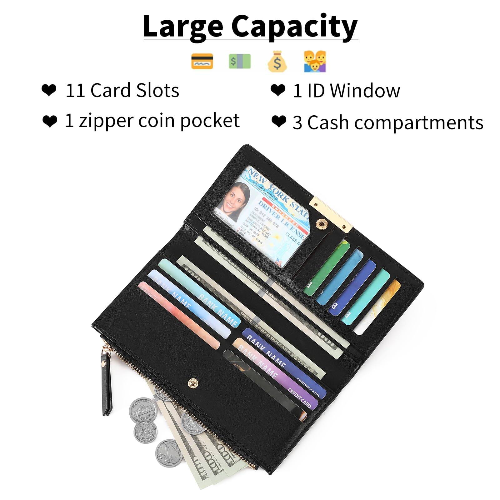 Left. Jadie Link - Slim Women Wallet Bifold Ladies Long Purse Travel Credit Card Holder Zipper Pocket Premium Vegan Leather Made - A01 Black.