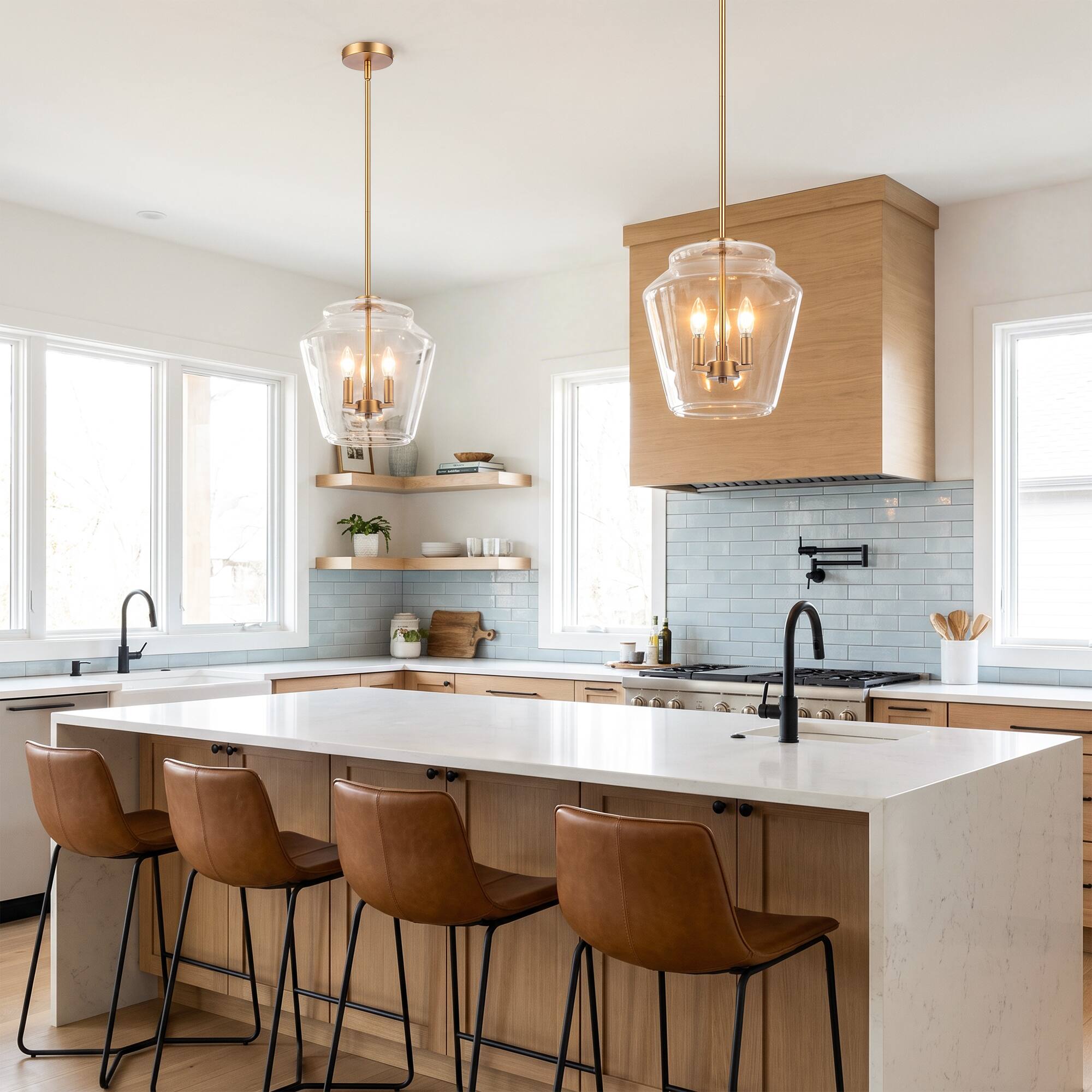 Angle. Parrot Uncle - 12 Inch Modern Clear Glass 3 Light Pendent Light Adjustable Hanging Light for Kitchen Island and Dining Room - Vintage Brass.