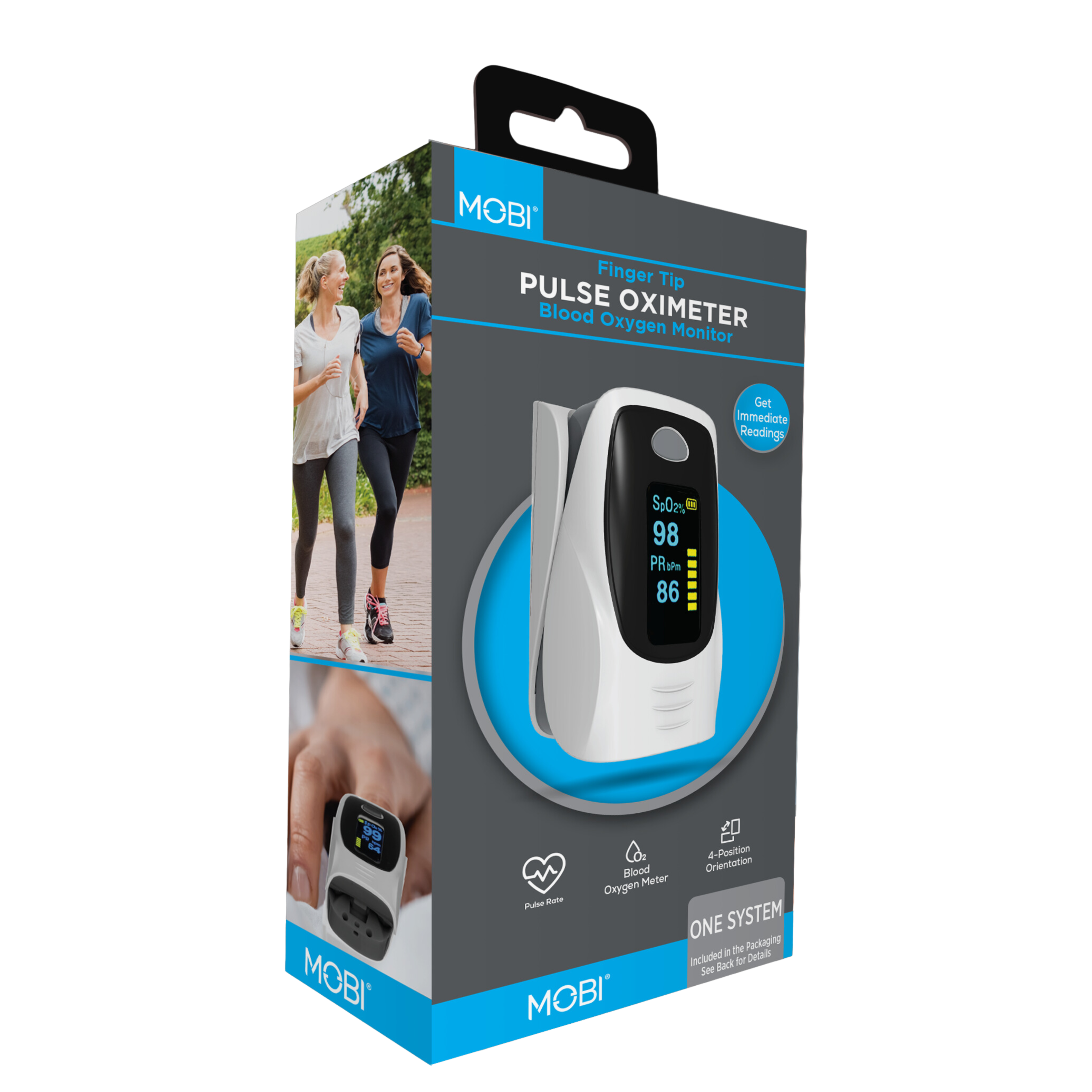 MOBI Finger Tip PULSE OXIMETER Blood Oxygen Monitor  
Get Immediate Readings  
S: 98%  
PR: 86  

MOBI 20  
6-Position Blood Orientation Meter  
Oxygen Pulse Meter  
ONE SYSTEM  

Included in the Packaging  
See Back for Details  

MOBI