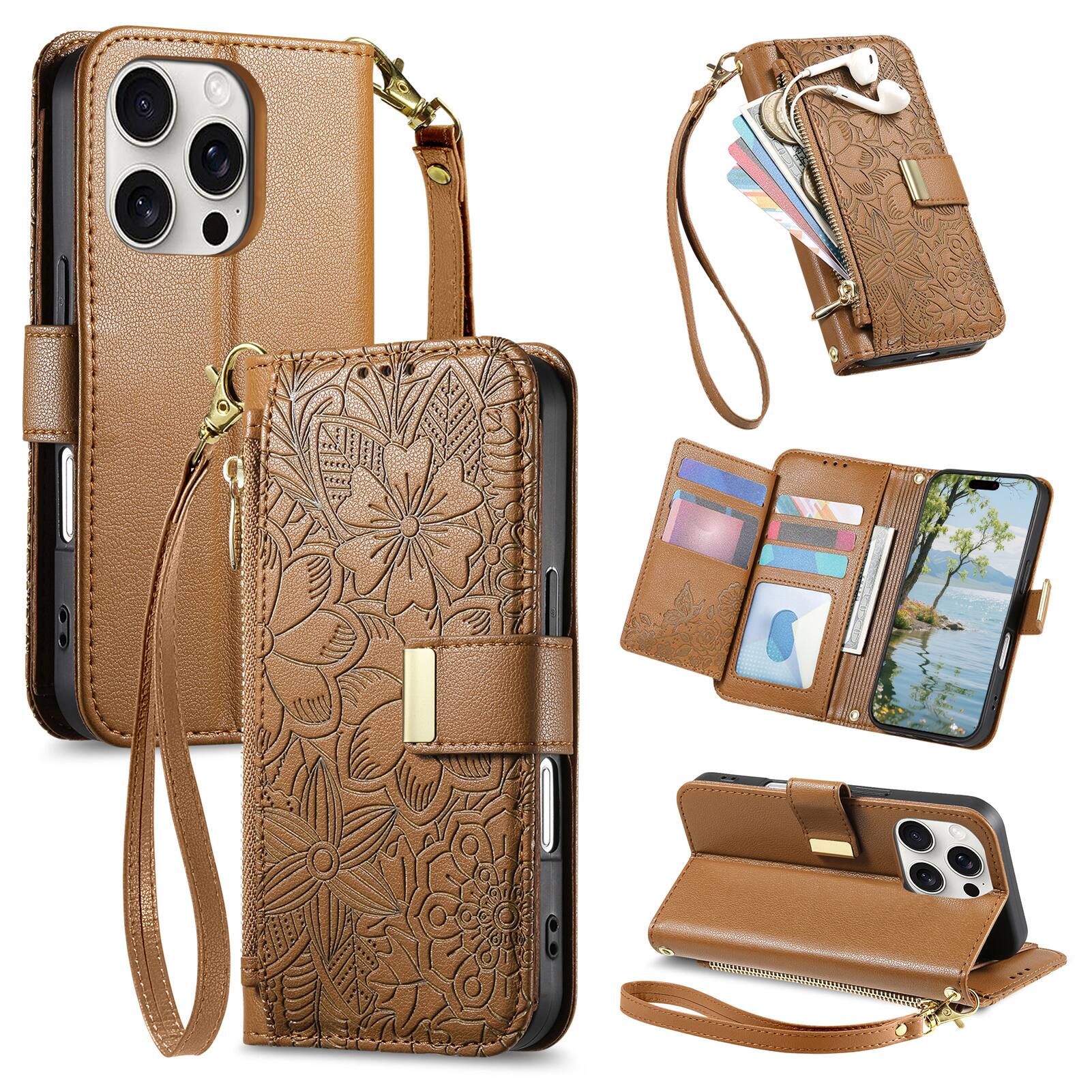 Angle. Dteck - Floral Embossed Leather Zipper Cash Slot Wallet Case for Apple iPhone 16 Pro with Detachable Strap - Brown.