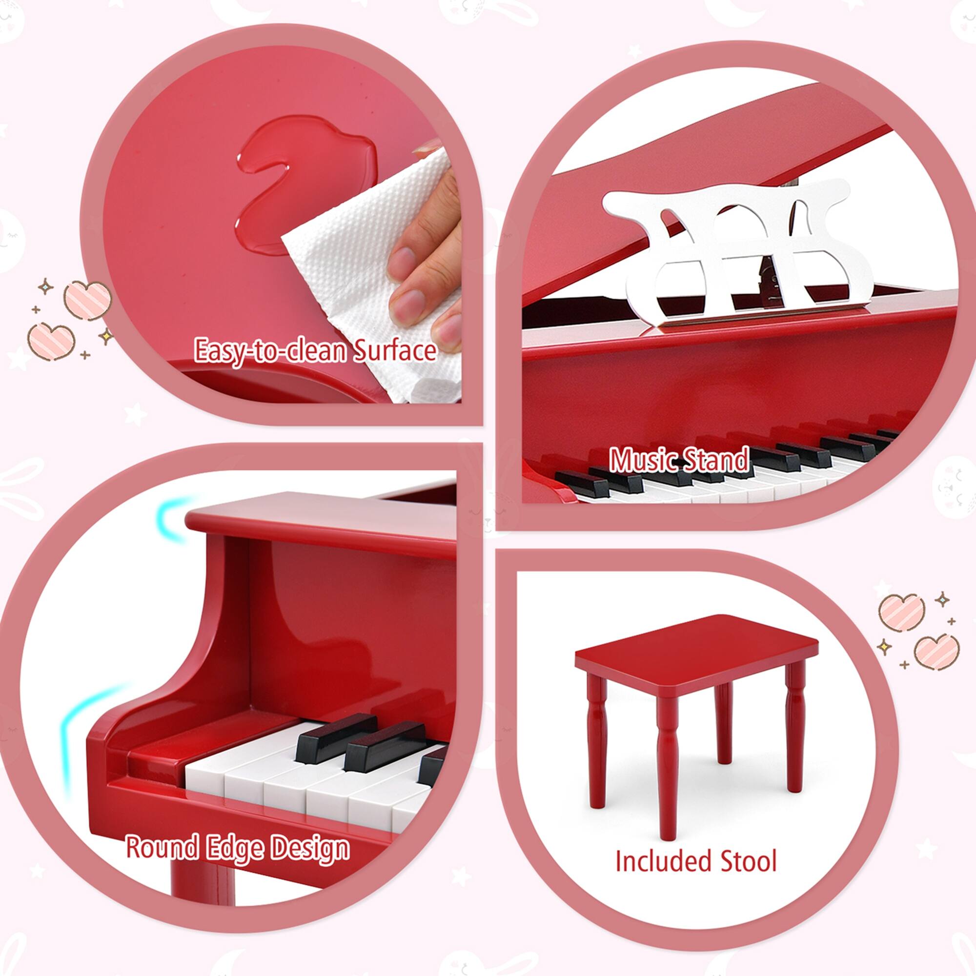 The text on the image is grouped as follows:

1. Easy-to-clean Surface: This refers to the red piano being easy to clean and maintain.
2. Music Stand: This is a stand designed for holding sheet music and other music-related items.
3. Round Edge Design: This refers to the design of the piano, which has a round edge.
4. Included Stool: This indicates that a stool is included with the piano, providing a comfortable seating option for the player.