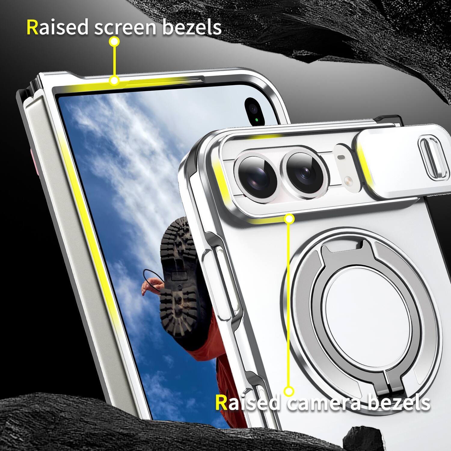 Raised screen bezels  
Raised camera bezels