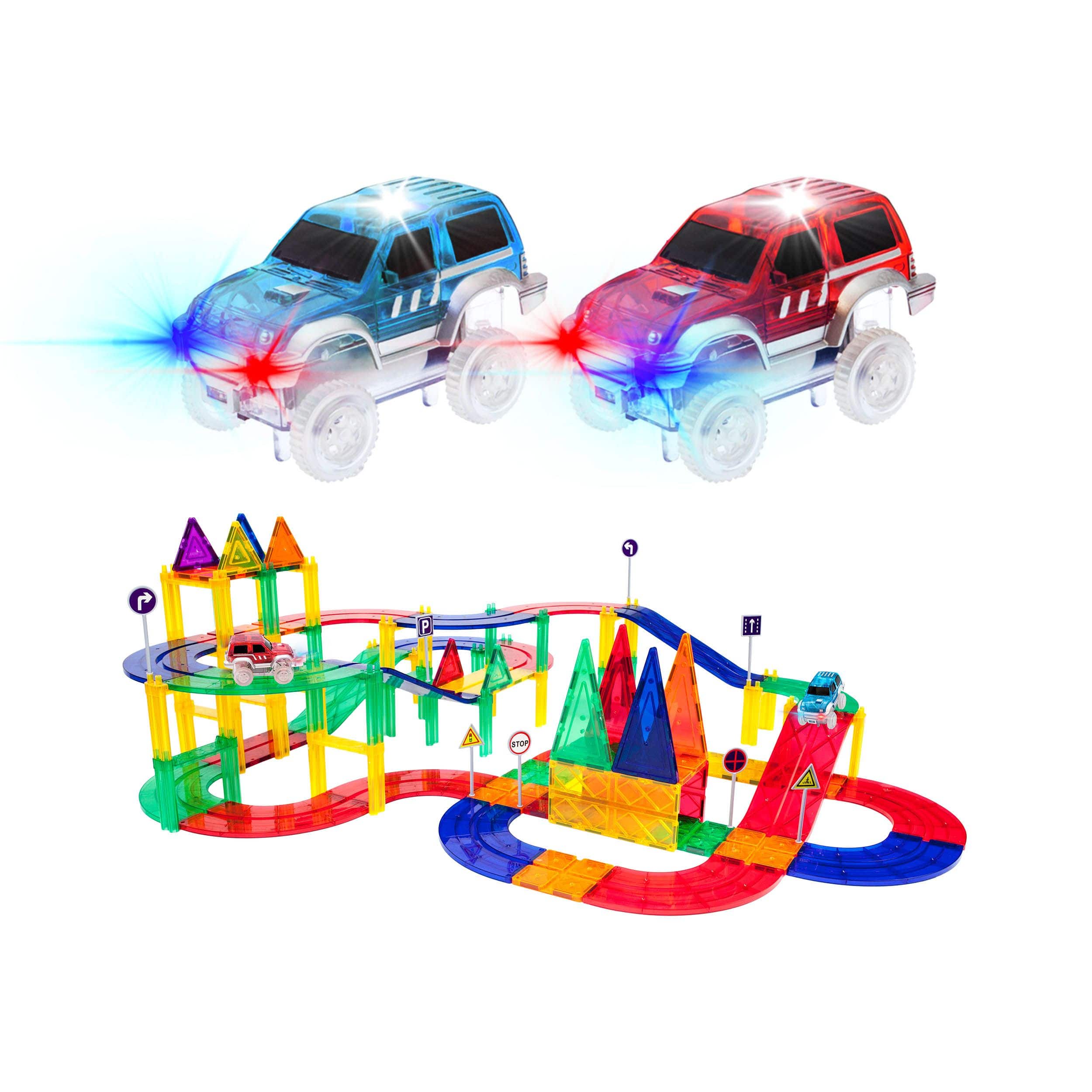 PicassoTiles - PICASSO-TILES Race Track Magnetic Tiles for Kids, 80PCS with 2 Racing Cars, STEM Building Blocks Educational Toy - Multicolor