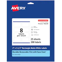Avery - Durable Removable Rectangle Labels, 2" x 3.5", 200 Labels - White