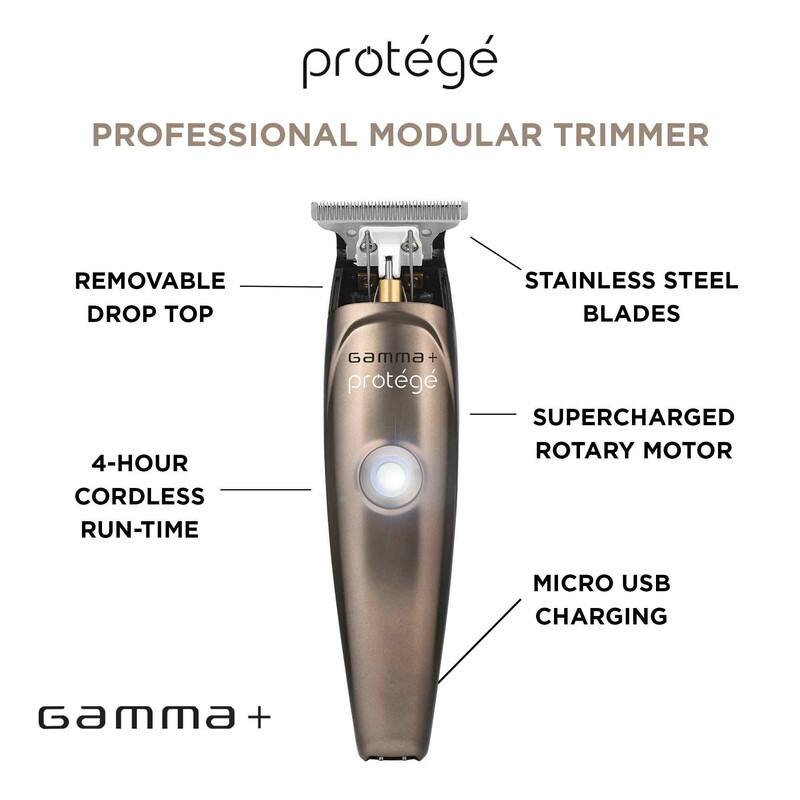 protégé PROFESSIONAL MODULAR TRIMMER REMOVABLE DROP TOP STAINLESS STEEL BLADES 4-HOUR CORDLESS RUN-TIME Gamma+ protégé SUPERCHARGED ROTARY MOTOR MICRO USB CHARGING Gamma +
