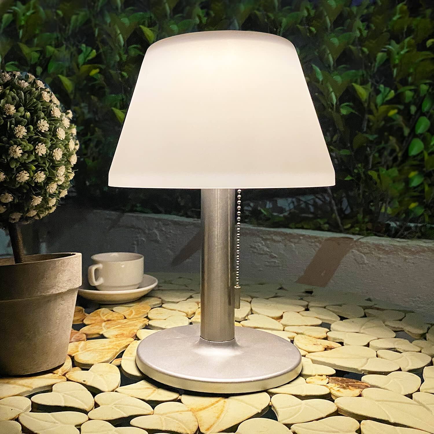 Front. Comfort Essence - Led Solar Table Lamp Outdoor Waterproof-3 Way Dimmable Outside Patio Modern Bedsid Cordless Desk With Pull - White 2.