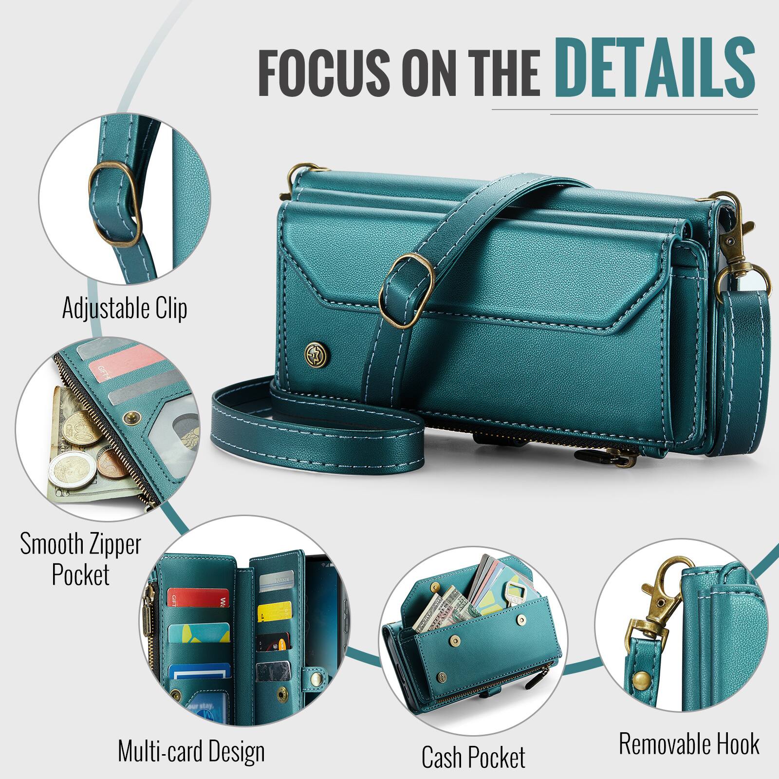 FOCUS ON THE DETAILS

- Adjustable Clip
- Smooth Zipper Pocket
- Multi-card Design
- Cash Pocket
- Removable Hook