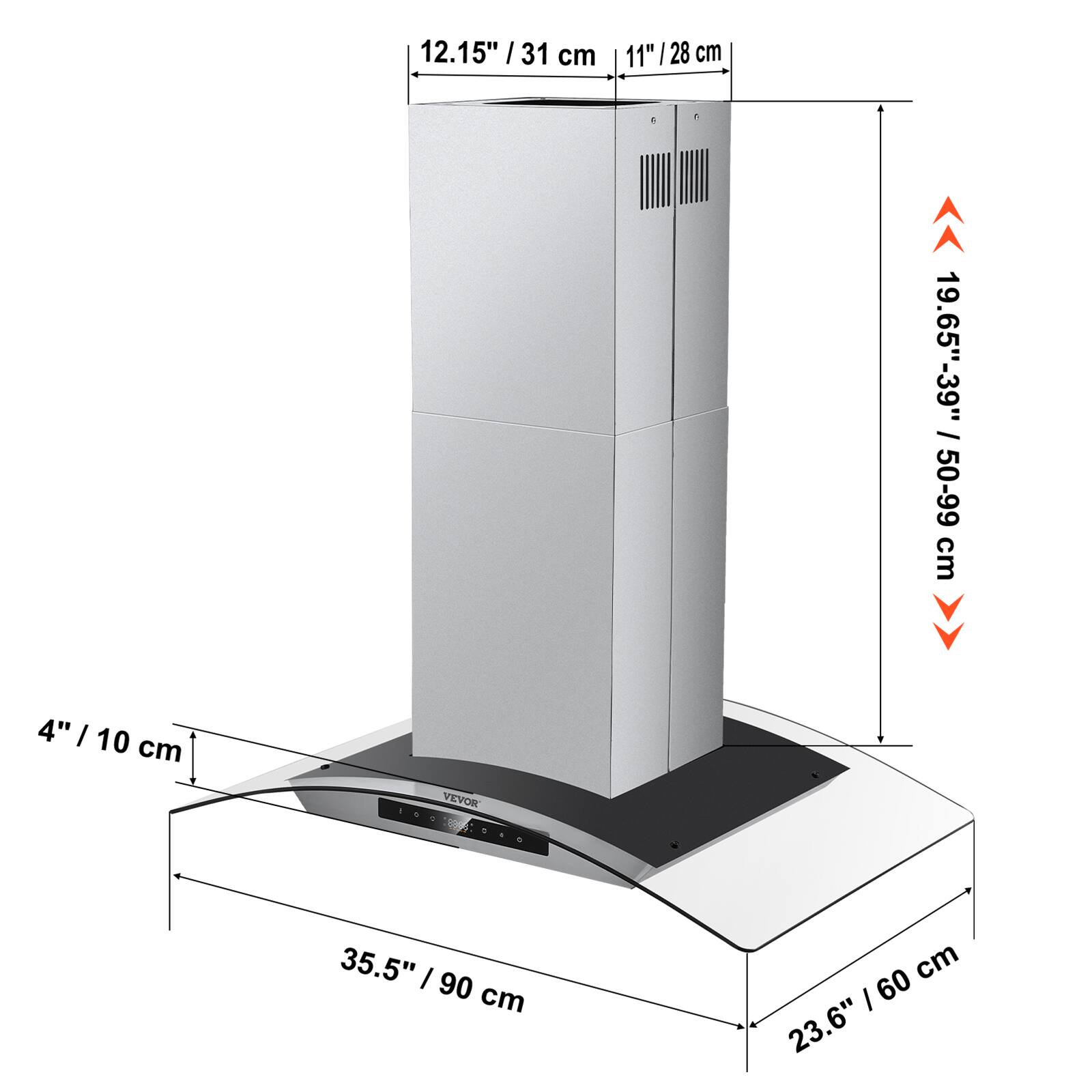 12.15" / 31 cm  
11" / 28 cm  
19.65"-39" / 50-99 cm  
4" / 10 cm  
35.5" / 90 cm  
23.6" / 60 cm