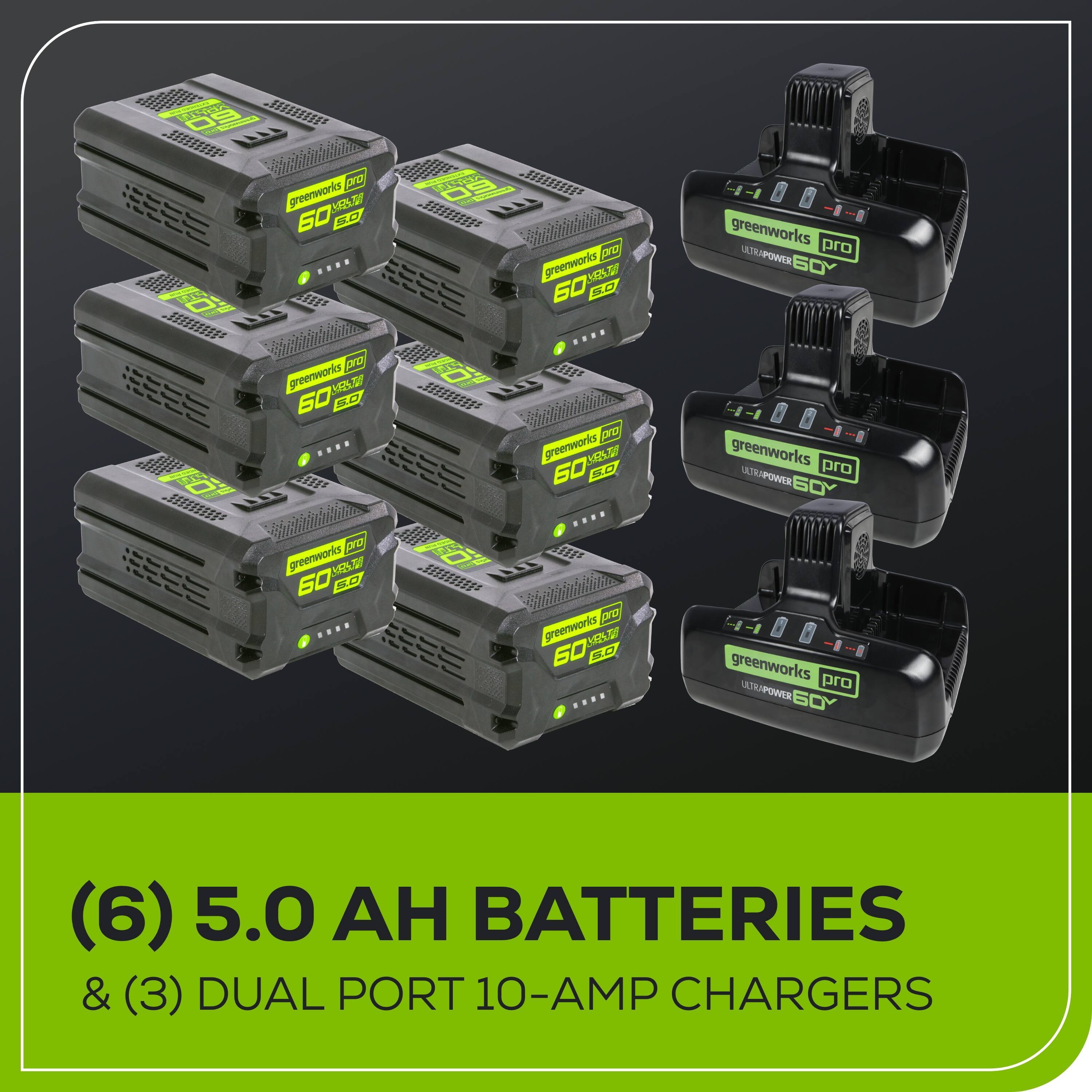(6) 5.0 AH BATTERIES & (3) DUAL PORT 10-AMP CHARGERS
