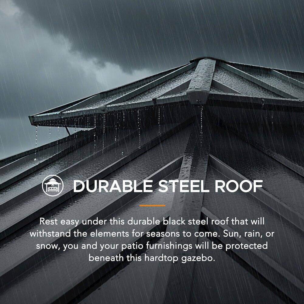 DURABLE STEEL ROOF

Rest easy under this durable black steel roof that will withstand the elements for seasons to come. Sun, rain, or snow, you and your patio furnishings will be protected beneath this hardtop gazebo.