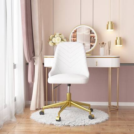 Front. Vecelo - Velvet Swivel Accent Chair with Adjustable Height - 360° Rotating Office Desk Chair & Vanity Stool - White.