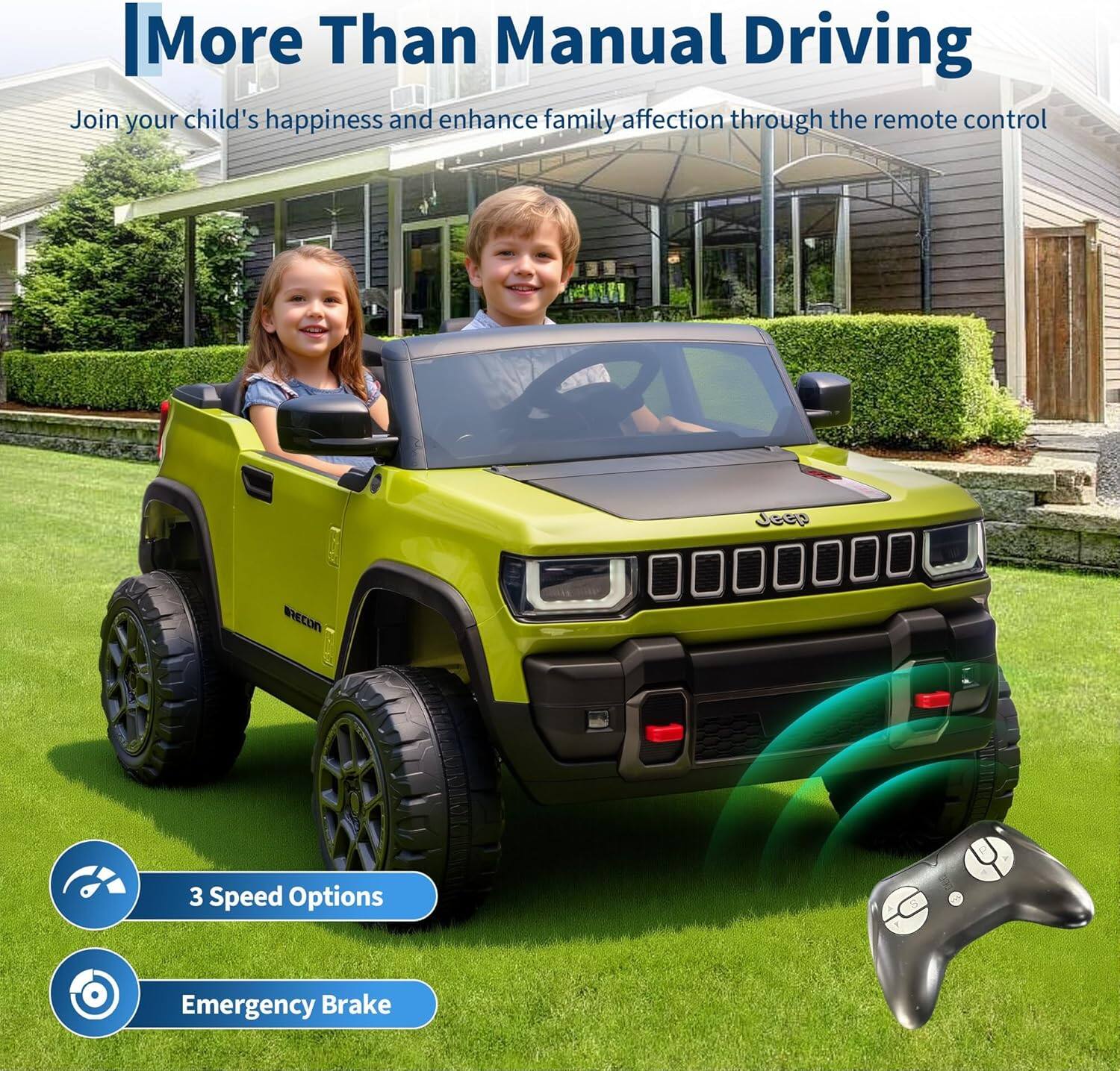More Than Manual Driving

Join your child's happiness and enhance family affection through the remote control Jeep Recon 3 Speed Options Emergency Brake
