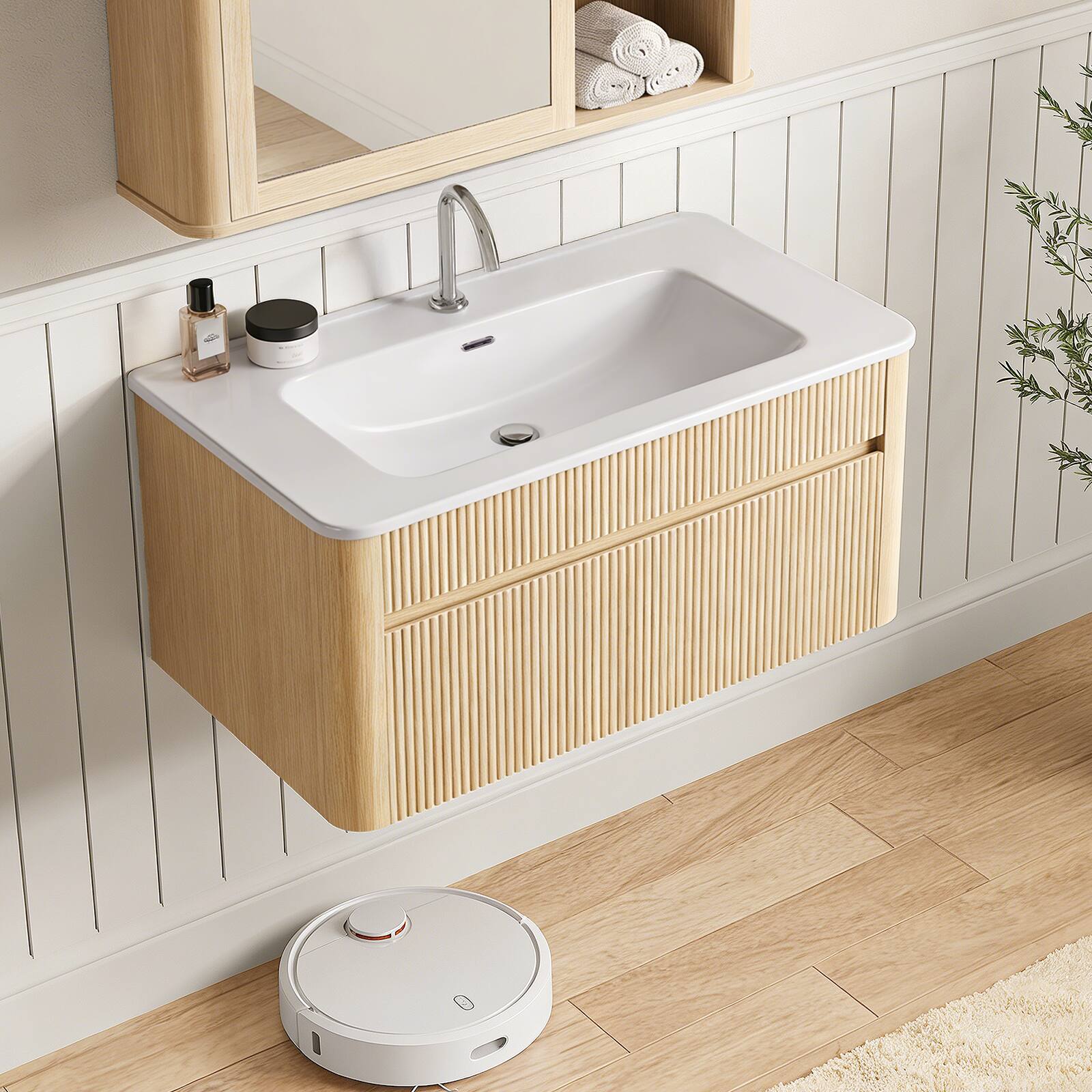 Angle. ModernMate - 30" Single Wall-Mounted Bathroom Vanity with Ceramic Sink, Soft Close Drawers, Solid Wood Legs - Natural Oak.