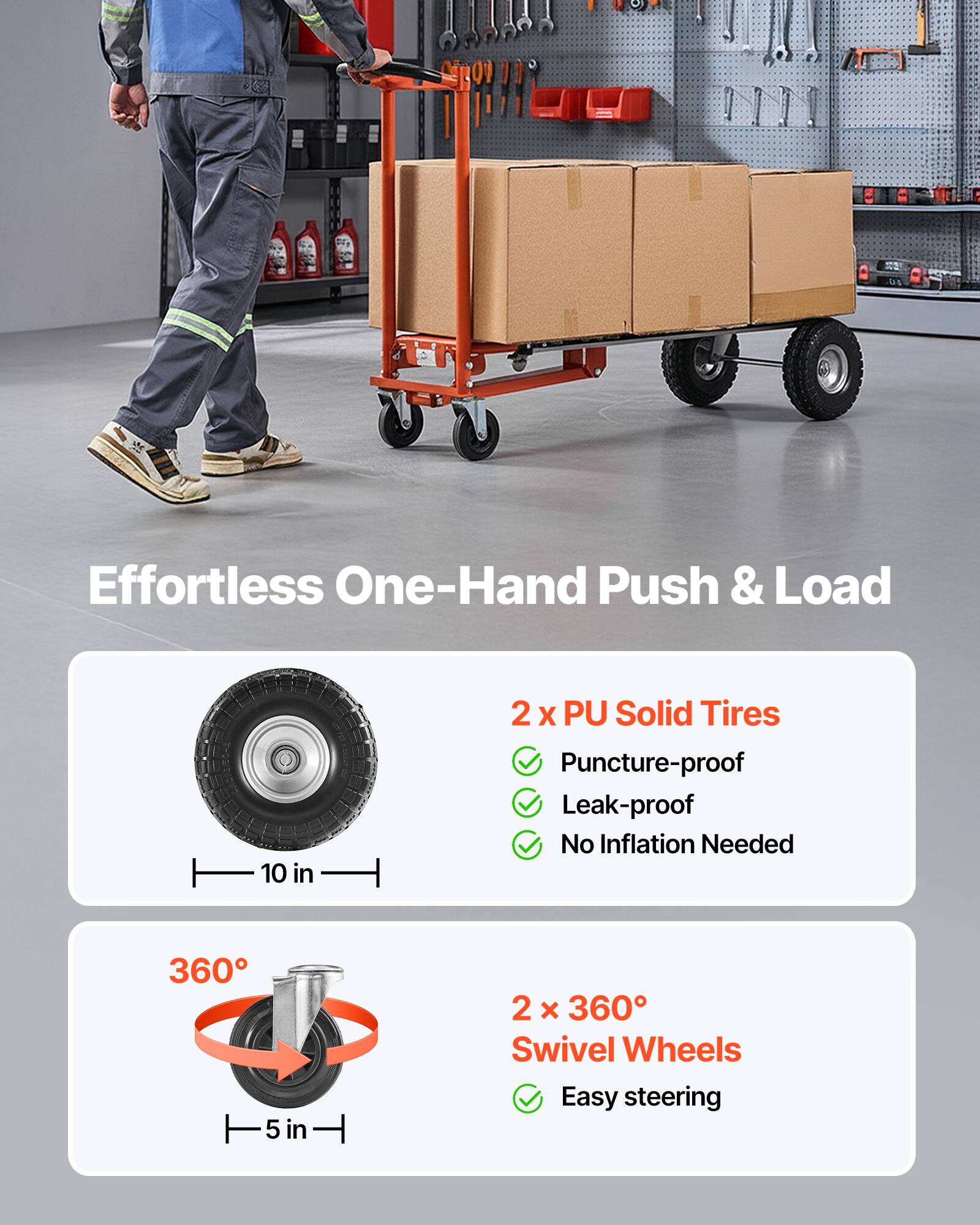 Effortless One-Hand Push & Load

2 x PU Solid Tires
- Puncture-proof
- Leak-proof
- No Inflation Needed

2 x 360° Swivel Wheels
- Easy steering