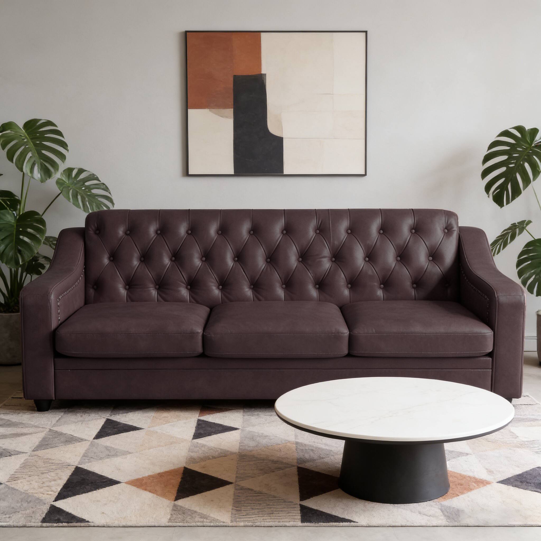 Front. Dyonery - Dyonery 78" Faux Leather Sofa Couch with Solid Wood Legs, Modern Tufted 3-Seater Sofa,Vintage Button-Tufted Sofa - Black.
