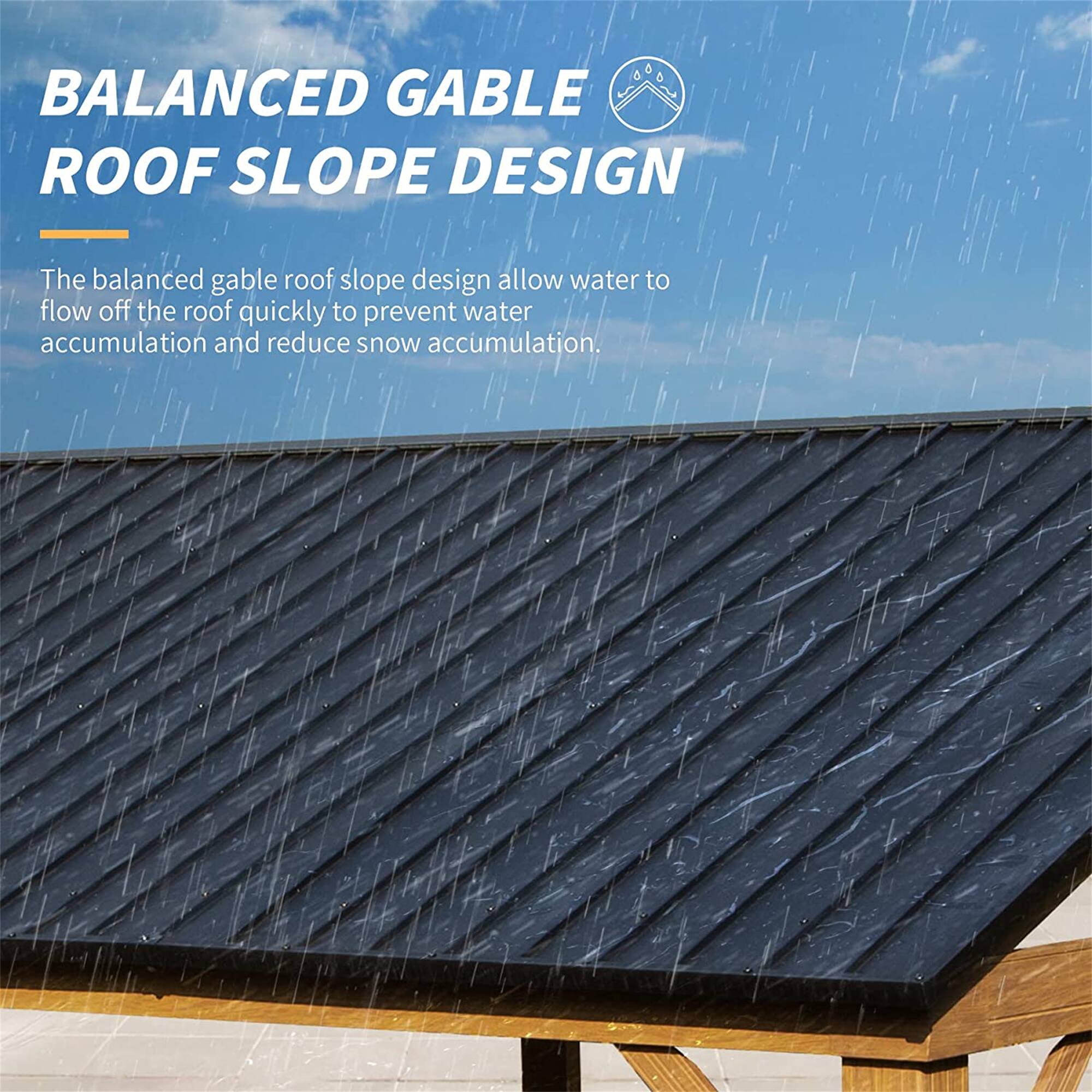 BALANCED GABLE ROOF SLOPE DESIGN

The balanced gable roof slope design allows water to flow off the roof quickly to prevent water accumulation and reduce snow accumulation.