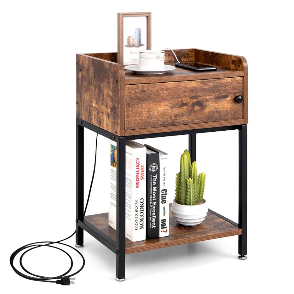 Kadyn - Lift Top End Table with Charging Station and Storage Shelves-Coffee, Nightstand Small Side Table - Brown