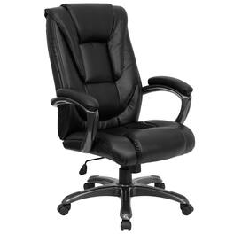 Emma + Oliver - High Back Leather Layered Upholstered Executive Swivel Ergonomic Office Chair with Smoke Metal Base and Padded Arms - Black