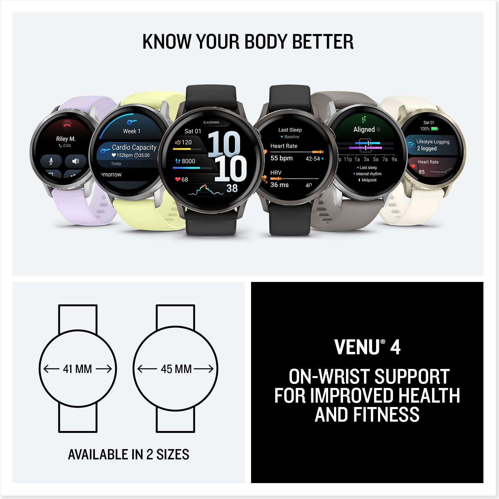 KNOW YOUR BODY BETTER

Riley M.  
004  
Week 1  
Cardio Capacity  
152bpm 35.00  
Today tomorrow  

Sat 01  
120  
10 19 8000  
68  
38  

Last Sleep  
Baseline Heart Rate  
55 bpm 42-54  
HRV 36 ms  
40  

Aligned  
11p 1a 3 Sa 7a  
Last sleep internal rhythm - midpoint  

Lifestyle Logging  
2 logged  
Heart Rate  
85  

VENU 4  
ON-WRIST SUPPORT FOR IMPROVED HEALTH AND FITNESS  
AVAILABLE IN 2 SIZES  

41 MM  
45 MM