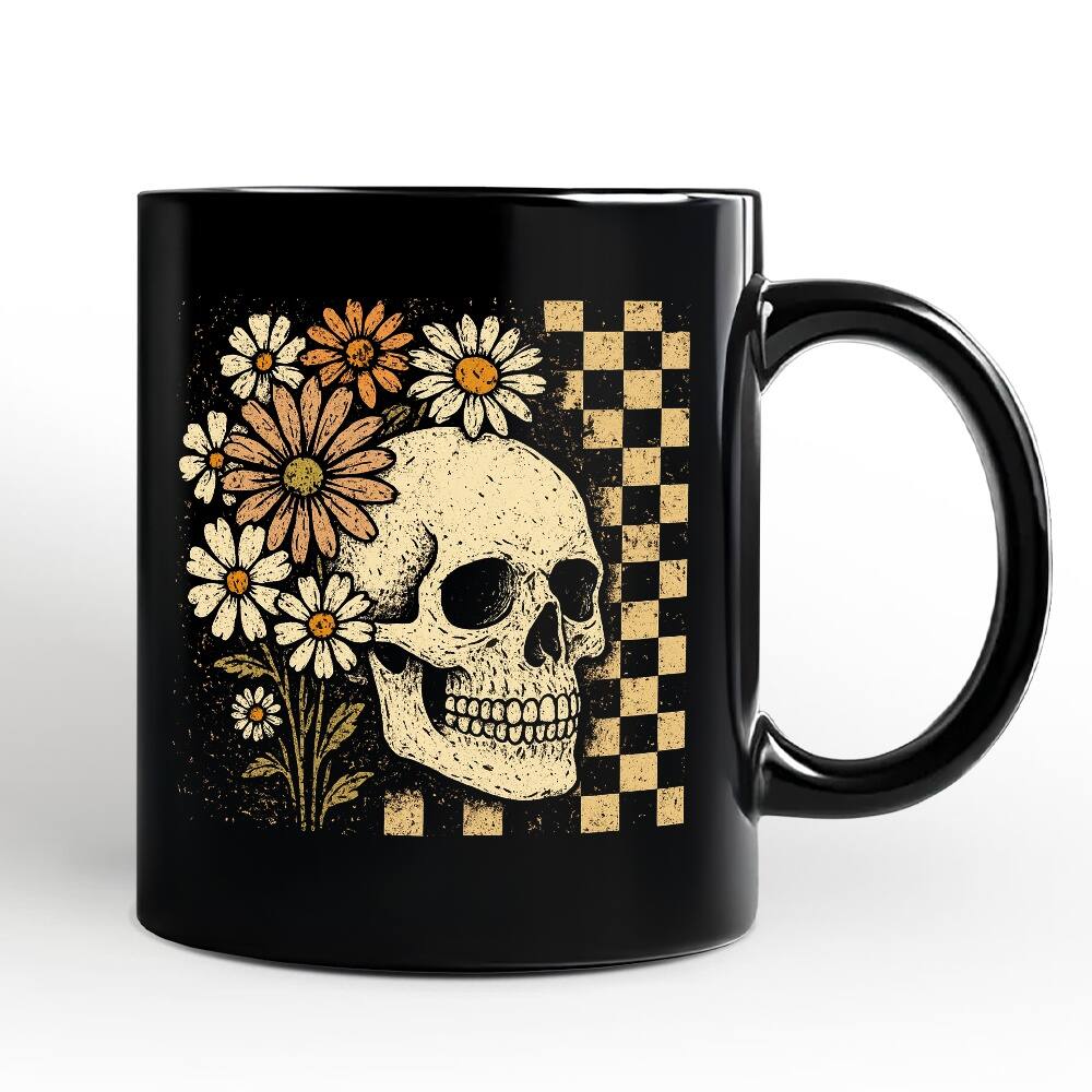 OrnamentallyYou - Checkered Floral Skeleton Mug, Vintage Skull Daisy Halloween Gift - Black