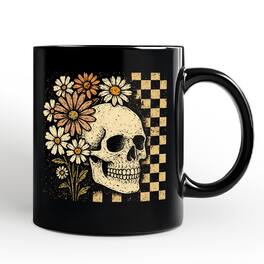 OrnamentallyYou - Checkered Floral Skeleton Mug, Vintage Skull Daisy Halloween Gift - Black