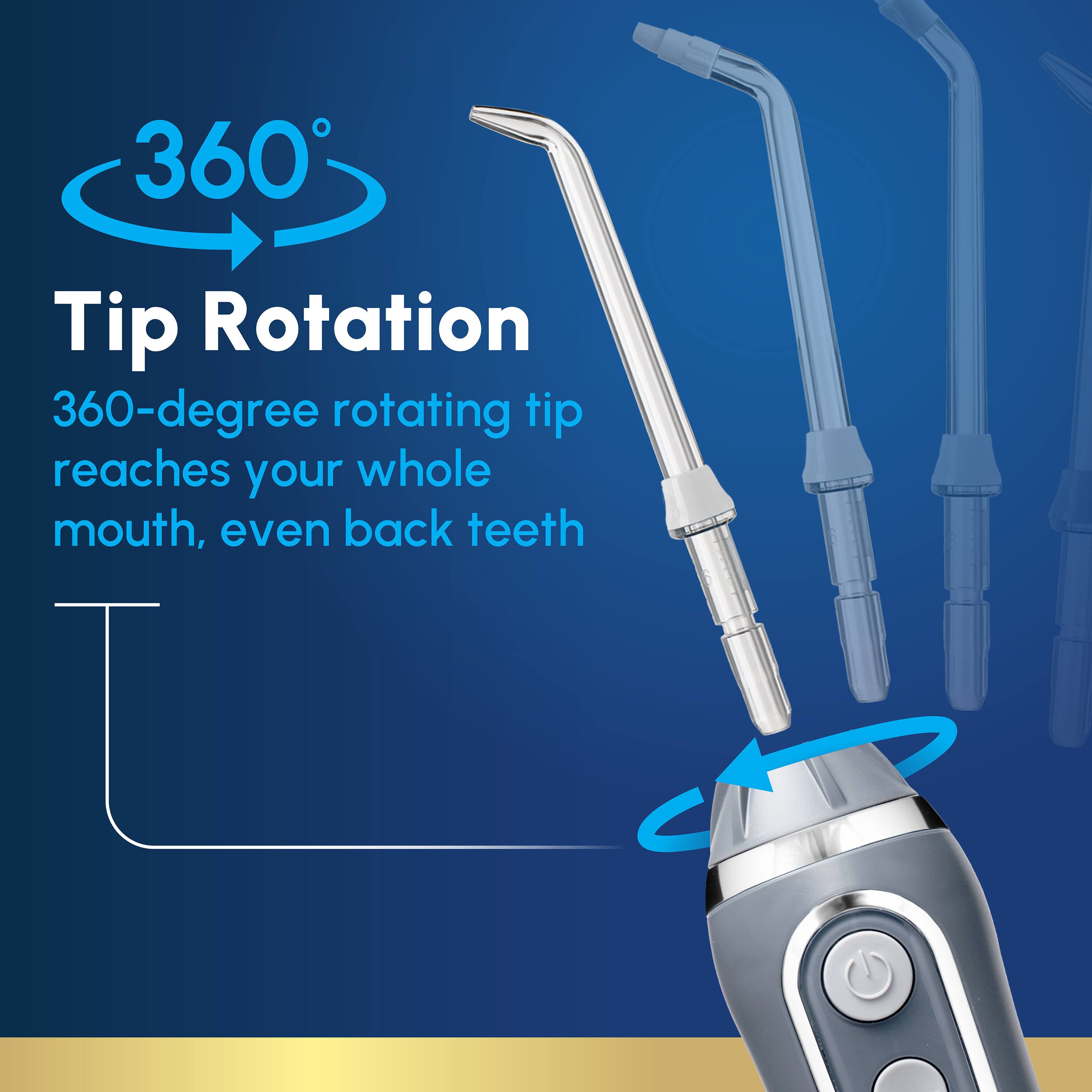 360° Tip Rotation  
360-degree rotating tip reaches your whole mouth, even back teeth