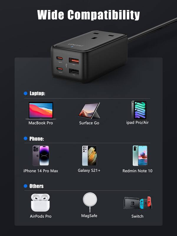Wide Compatibility

Laptop:
- MacBook Pro
- Surface Go
- iPad Pro/Air

Phone:
- iPhone 14 Pro Max
- Galaxy S21+
- Redmi Note 10

Others:
- AirPods Pro
- MagSafe
- Switch
