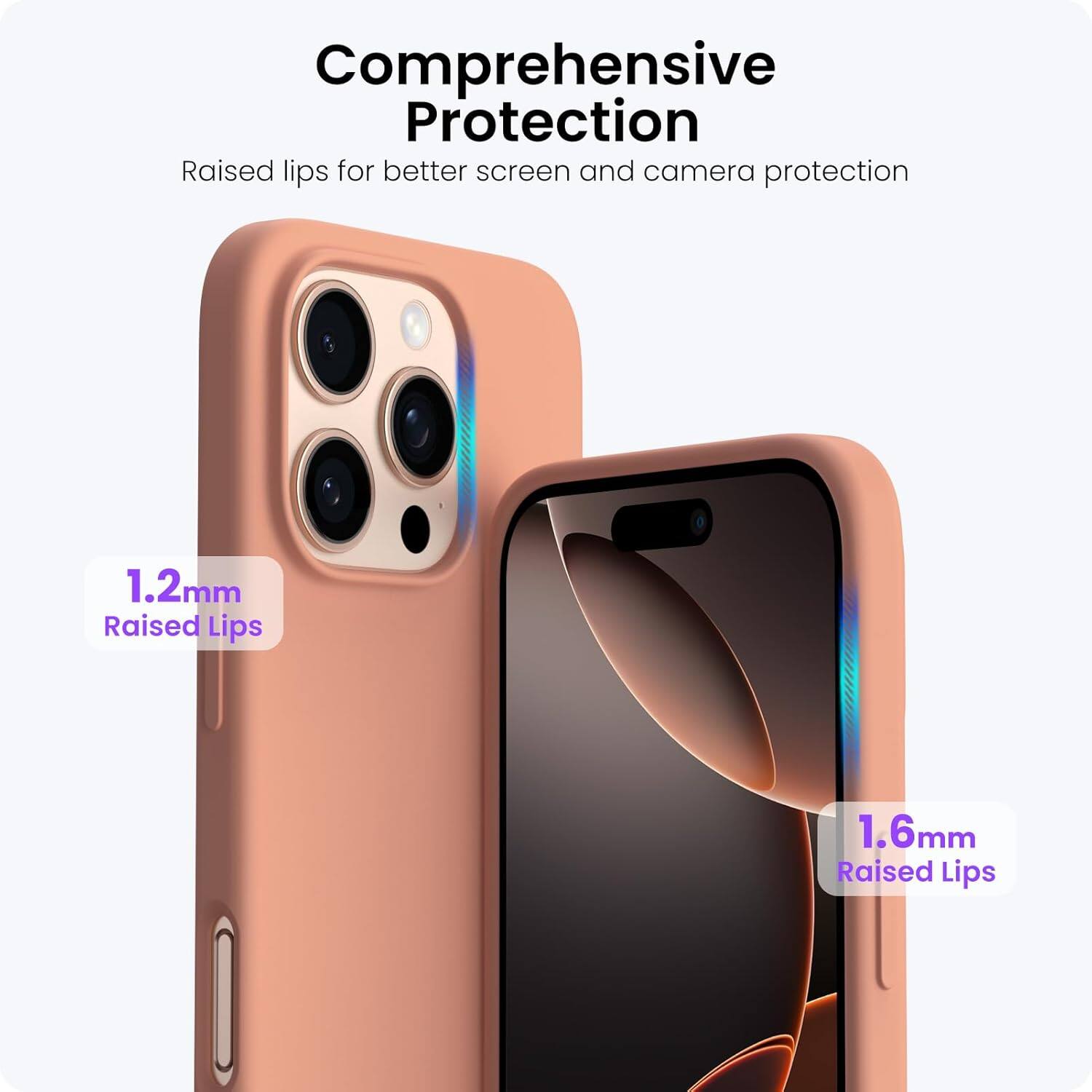 Comprehensive Protection
Raised lips for better screen and camera protection
1.2mm Raised Lips
1.6mm Raised Lips