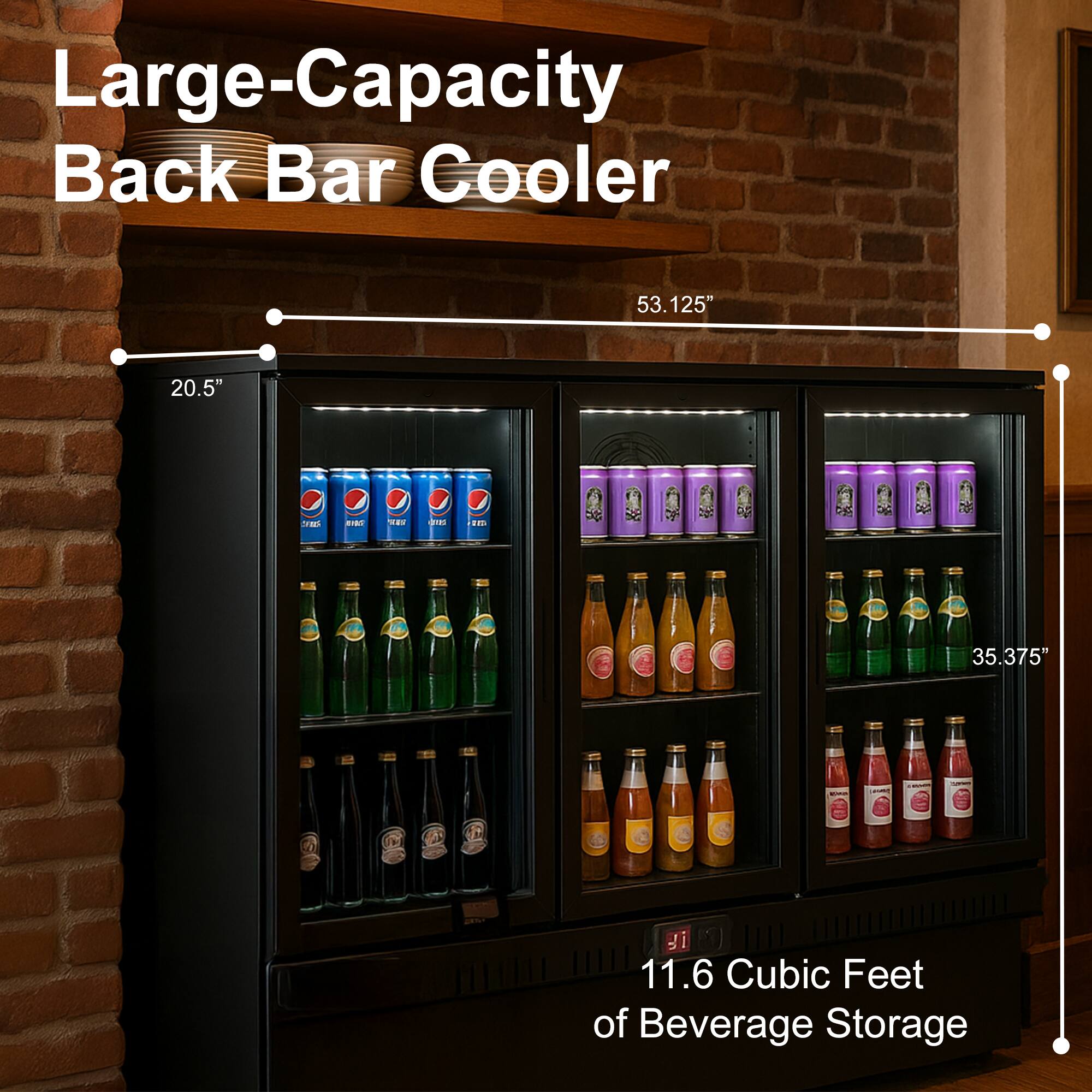 Large-Capacity Back Bar Cooler

53.125"  
20.5"  
35.375"  
11.6 Cubic Feet of Beverage Storage