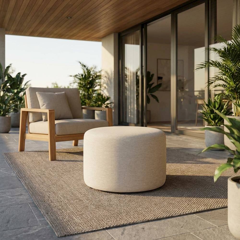 Angle. Outdoor Escape - Woven Heathered Fabric Outdoor Ottoman with Cushioned Top in Neutral Tone - White.