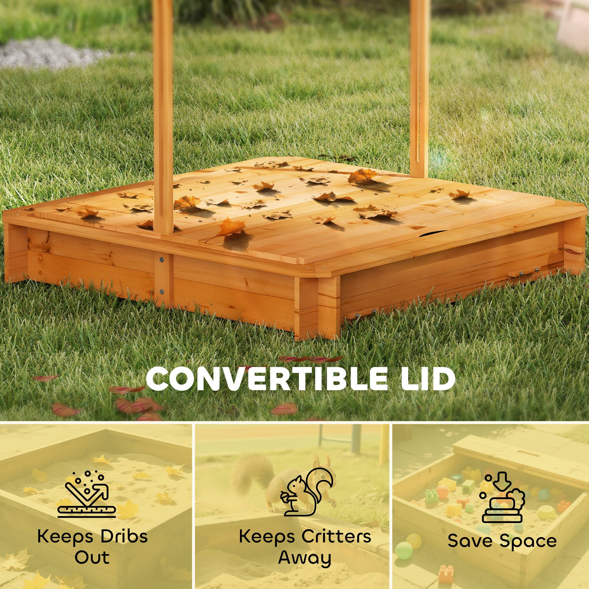 Alt View 2. Outsunny - Wooden Sandbox with Lid, Kids Sandbox with Canopy Outdoor, Sand Box with Foldable Bench Seats and Sand Protection.