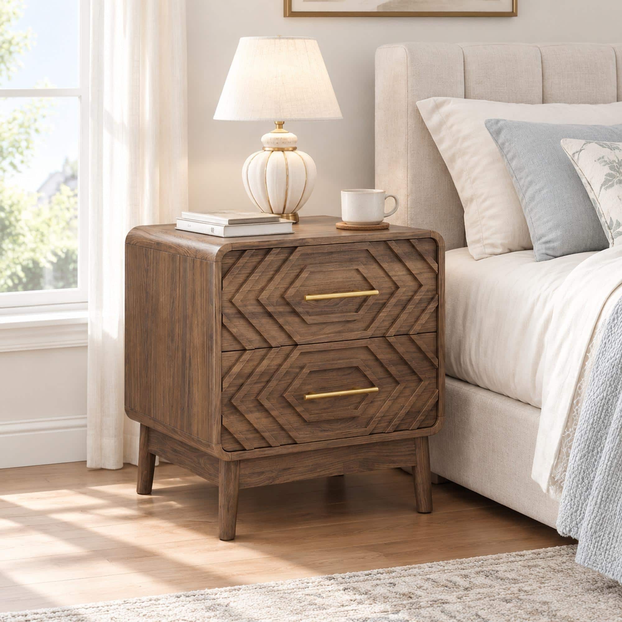 RYHNUYNE - Bedside Table, 2 Drawer Nightstand, Solid Wood Legs, Gold Handles, Rounded Corners - Walnut