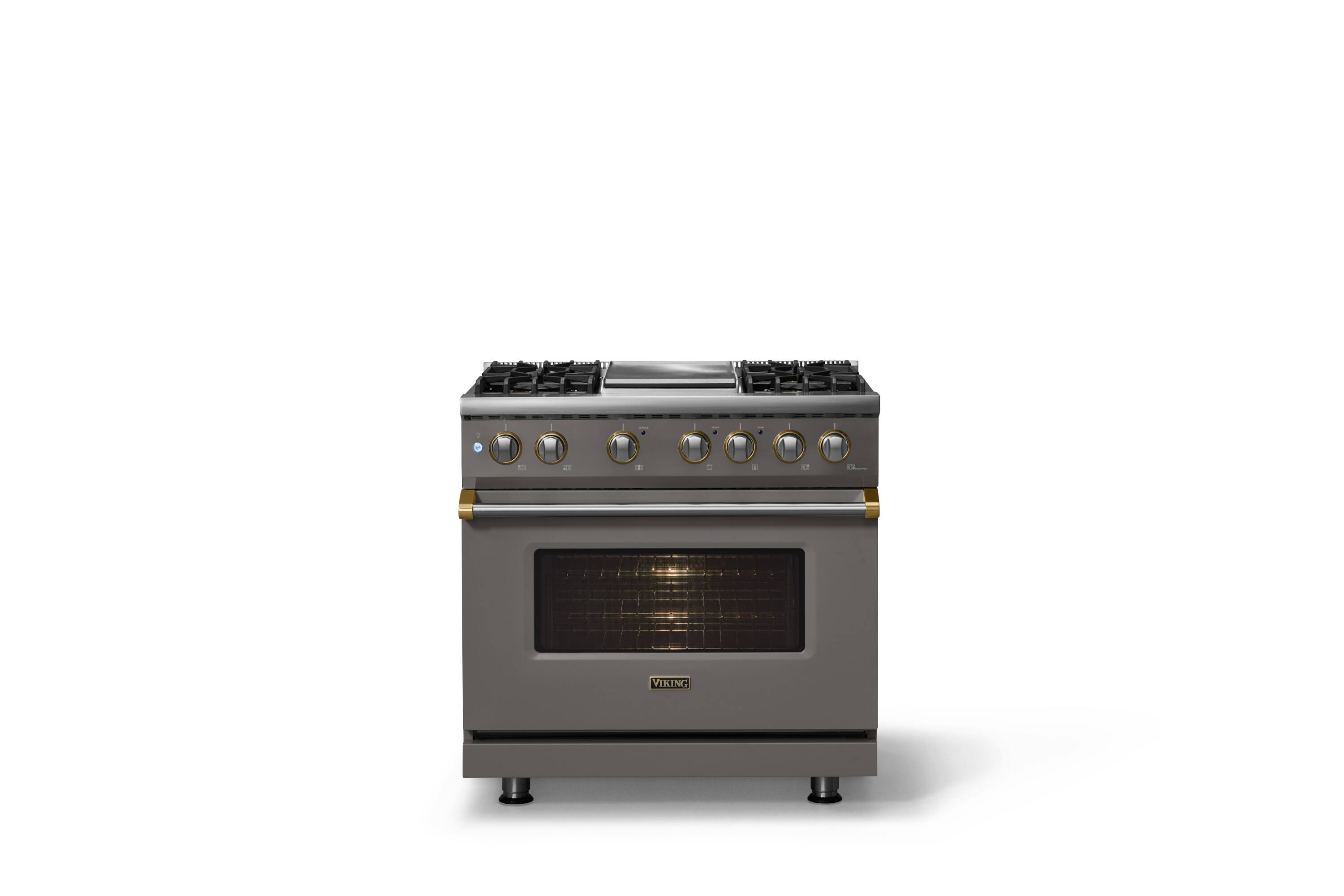 Alt View 2. Viking - 36 in. Wide 4 Burner Pro 5 Series 5.6 Cu. Ft. Freestanding Sealed LP DF Convection Range/Grdl with Brushed Brass Trim - Damascus Gray.