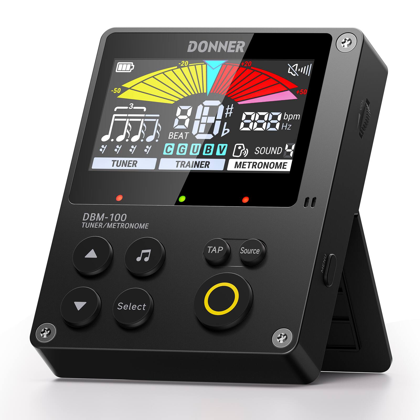 DONNER  
-20 +20 -50 3 TUNER +50  
# bpm Hz BEAT C G U V P SOUND TRAINER METRONOME  
LOX ! DBM-100 TUNER/METRONOME  
TAP Source MENU Select