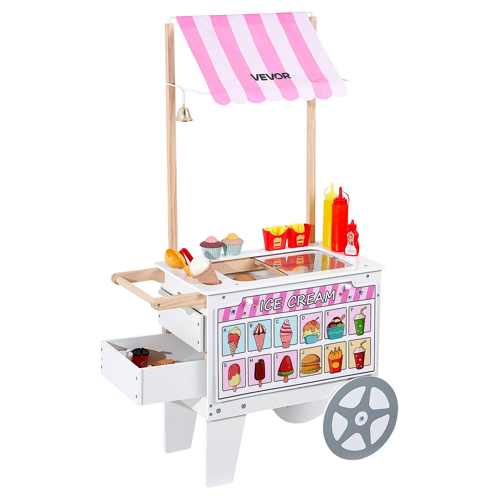 VEVOR - Ice Cream Cart for Kids, 20+ PCS Accessories, Pretend Play Ice Cream Shop Kitchen Food Toys with Ice Cream Cone - White, Pink