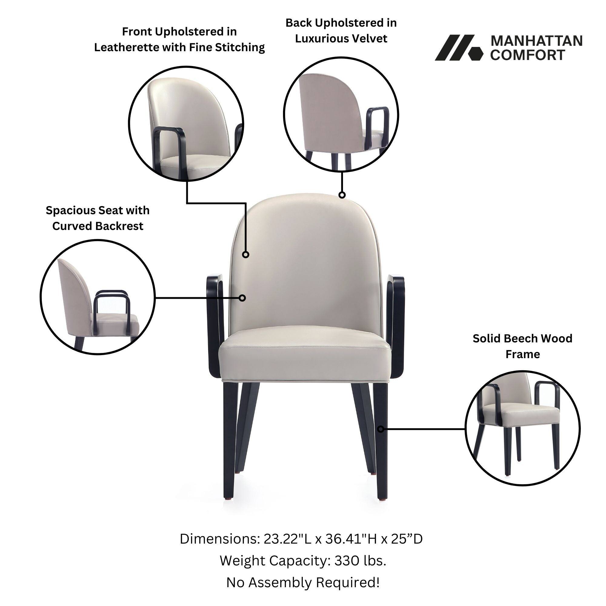 Back Upholstered in Luxurious Velvet  
Front Upholstered in Leatherette with Fine Stitching  
Spacious Seat with Curved Backrest  
Solid Beech Wood Frame  
Dimensions: 23.22"L x 36.41"H x 25"D  
Weight Capacity: 330 lbs.  
No Assembly Required!