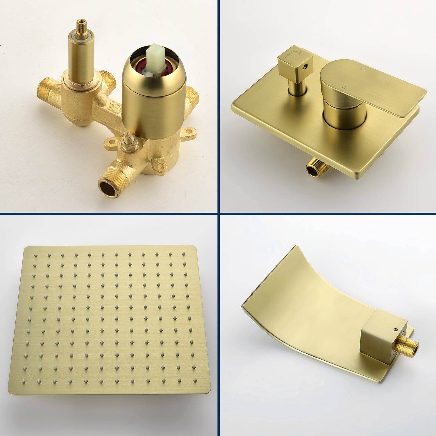 Angle. Boyel Living - Single Handle 1 Spray Tub and Shower Faucet with 10 Inch Square Fixed Shower in Brushed Gold Valve Included - Brushed Gold.
