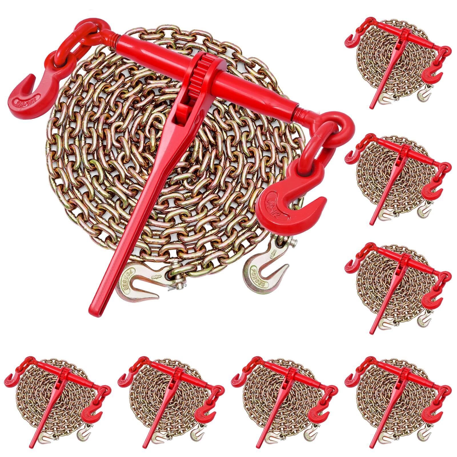 Front. VEVOR - Ratchet Chain Binder, 3/8 in x 10 ft G80 Chains, 9200 lbs Working Load of Ratchet Load Binder, Chains and Binders Set - Red.