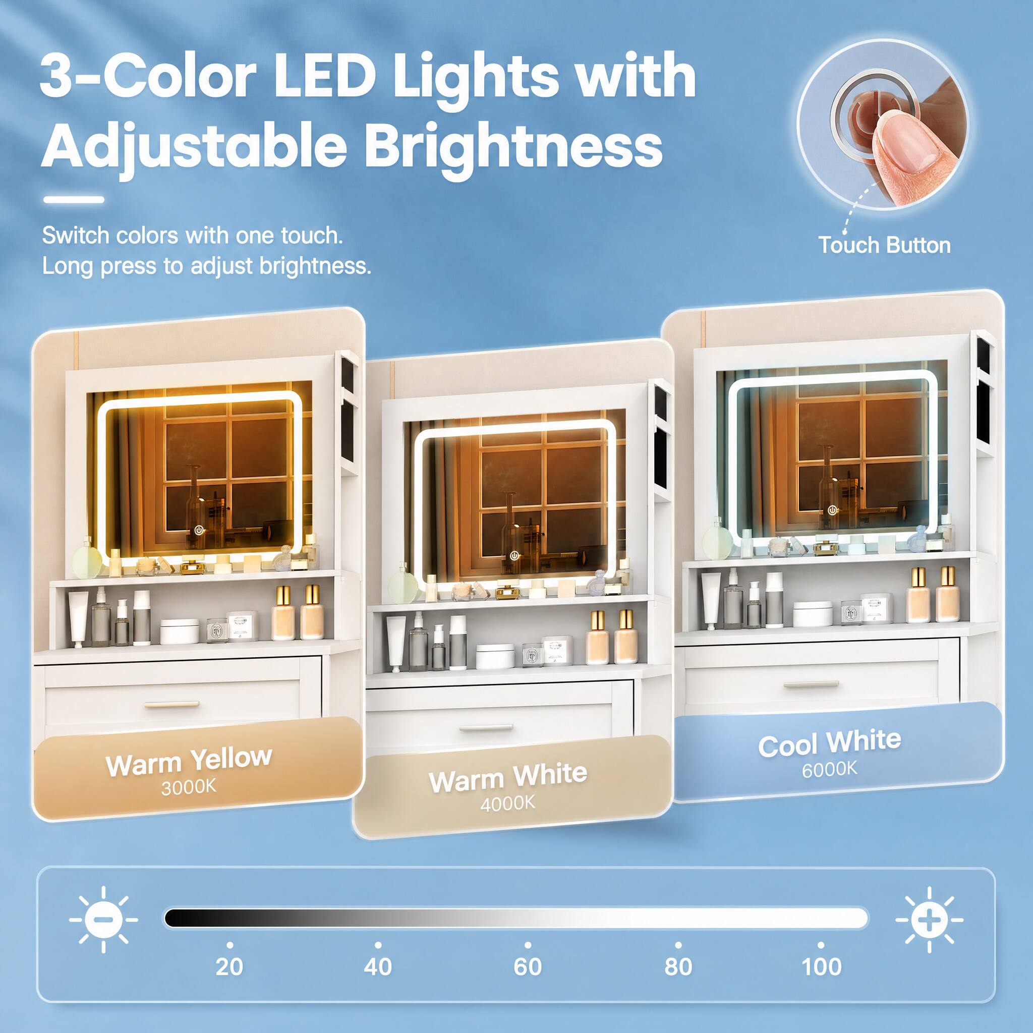 3-Color LED Lights with Adjustable Brightness  
Switch colors with one touch.  
Long press to adjust brightness.  

Touch Button  
Warm Yellow 3000K  
Warm White 4000K  
Cool White 6000K  

20 40 60 80 100