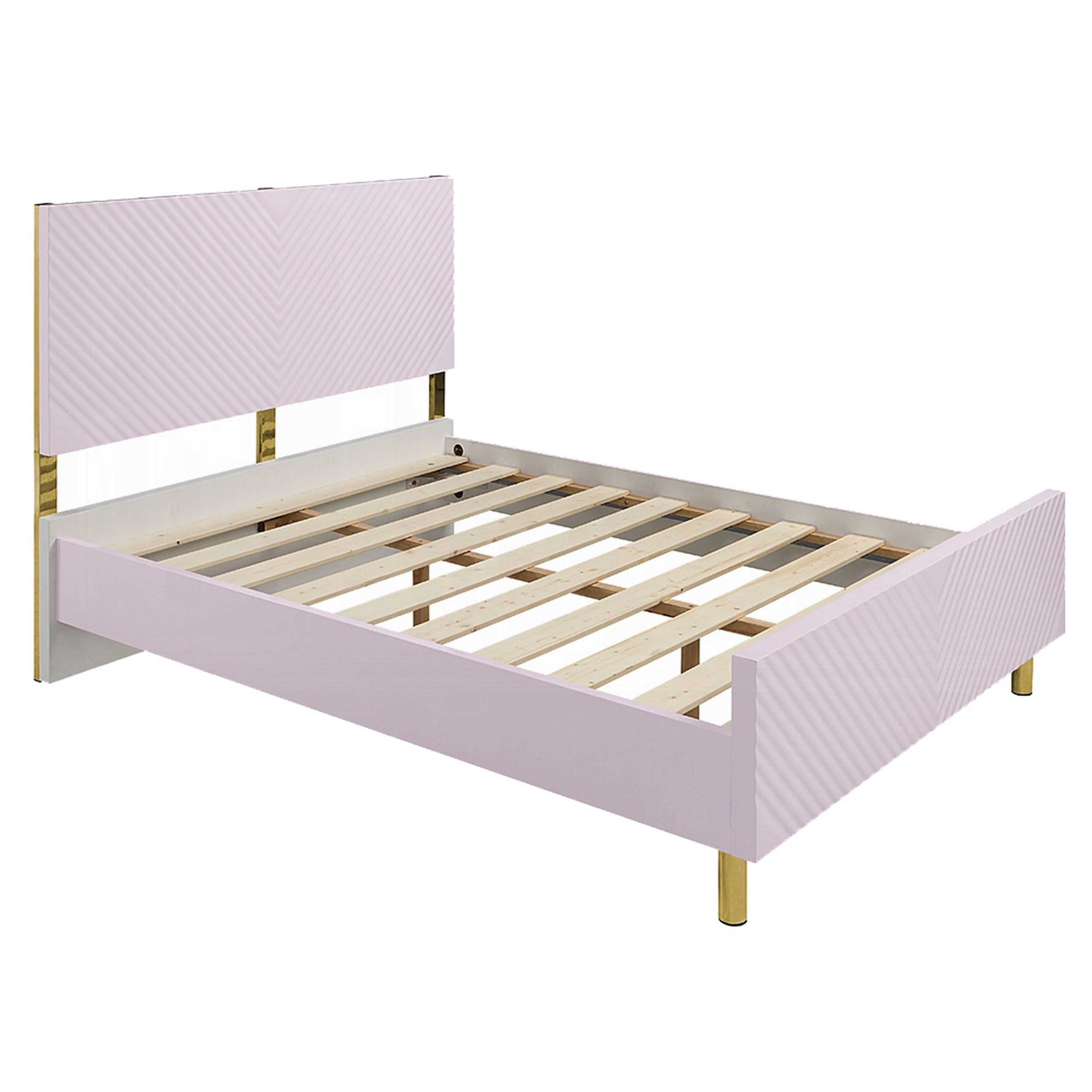 Manhattan Lane - Tyra Full Size Bed, Sleek Panel Headboard, Gloss Pink Chevron Pattern - Pink, Gold
