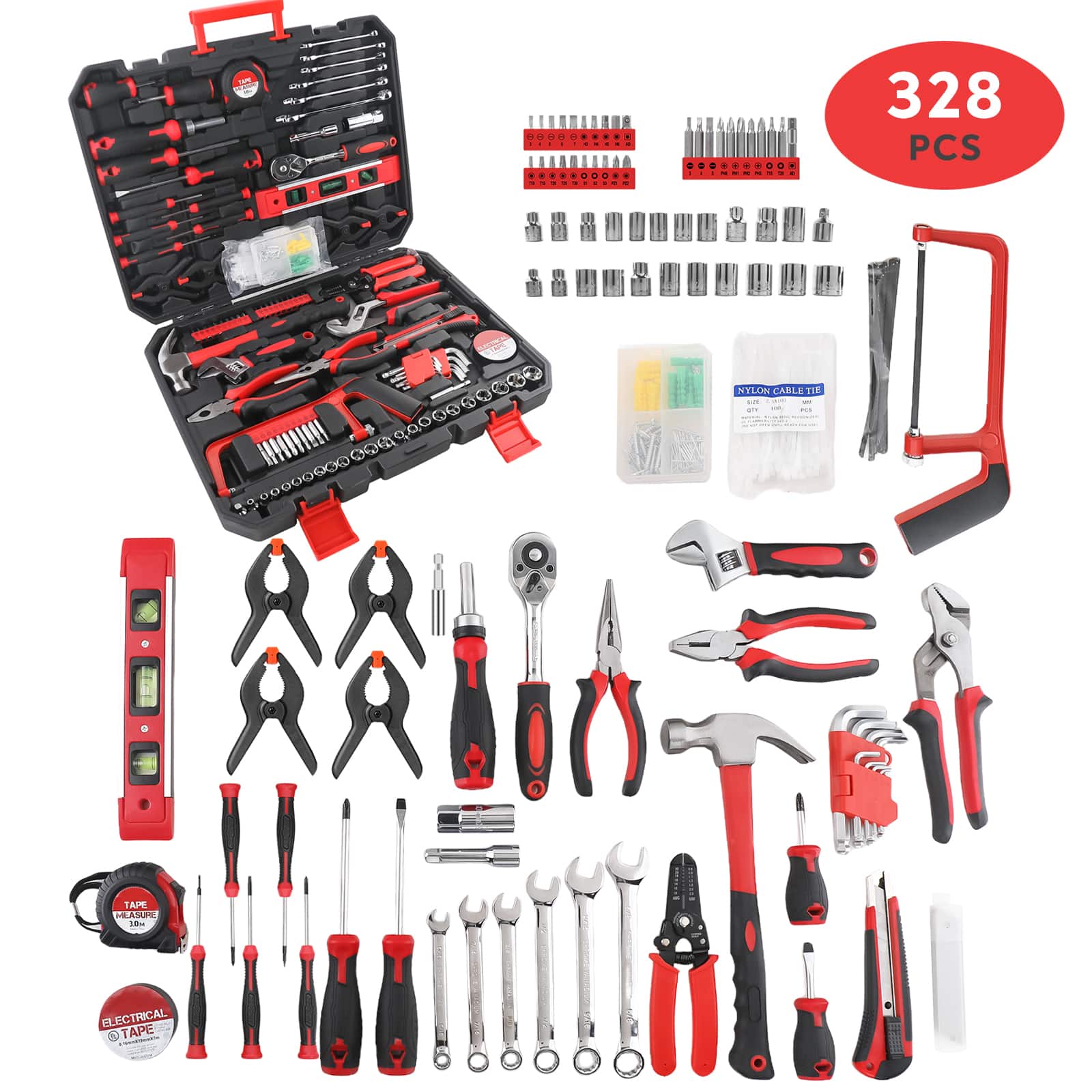 Sugift - 328-Piece Household Hand Tool Set with Storage Case - Red