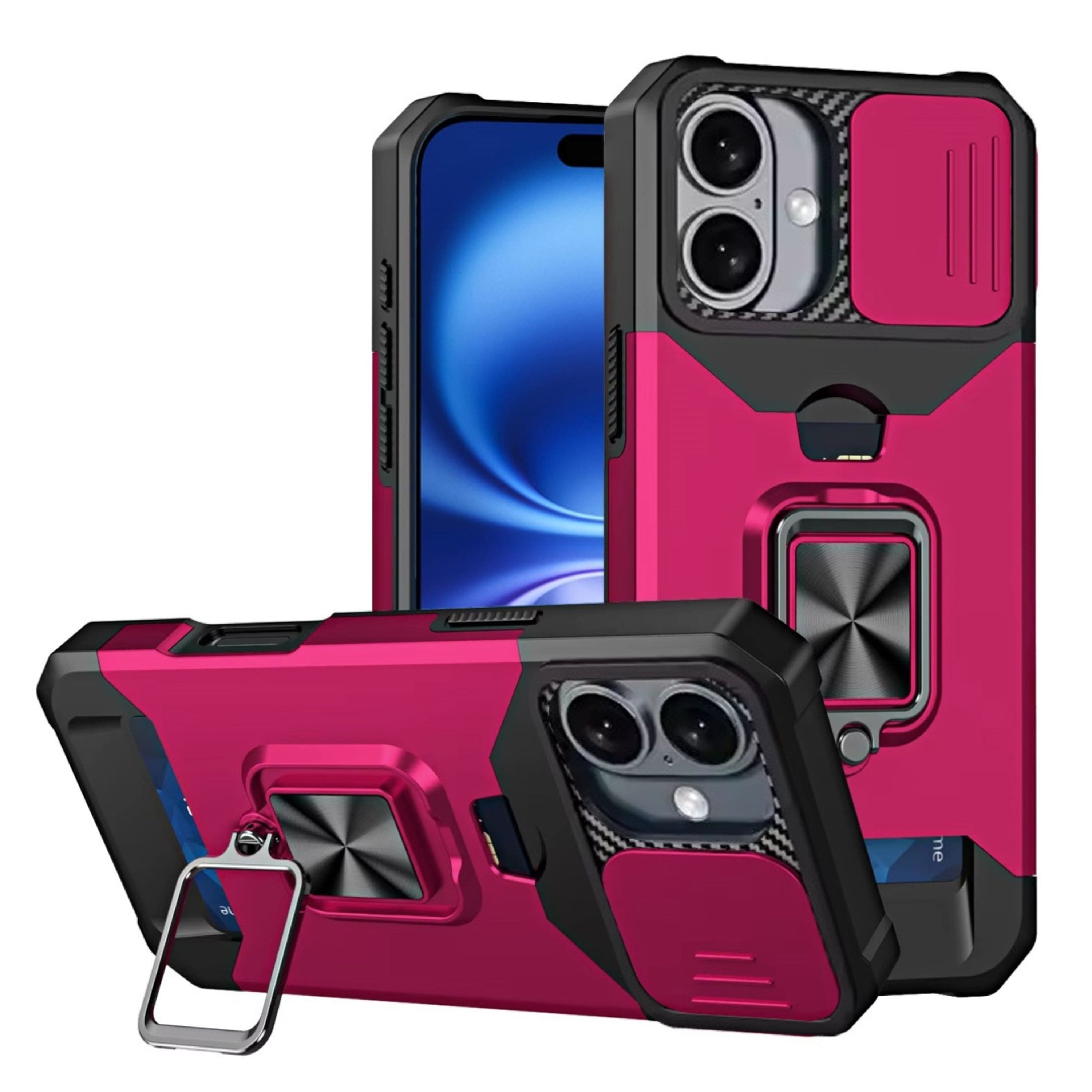 Kitcheniva - Multi-Use Card Holder Stand Phone Case With Lens Cover Tempered Glass For iPhone 17 - Hot Pink