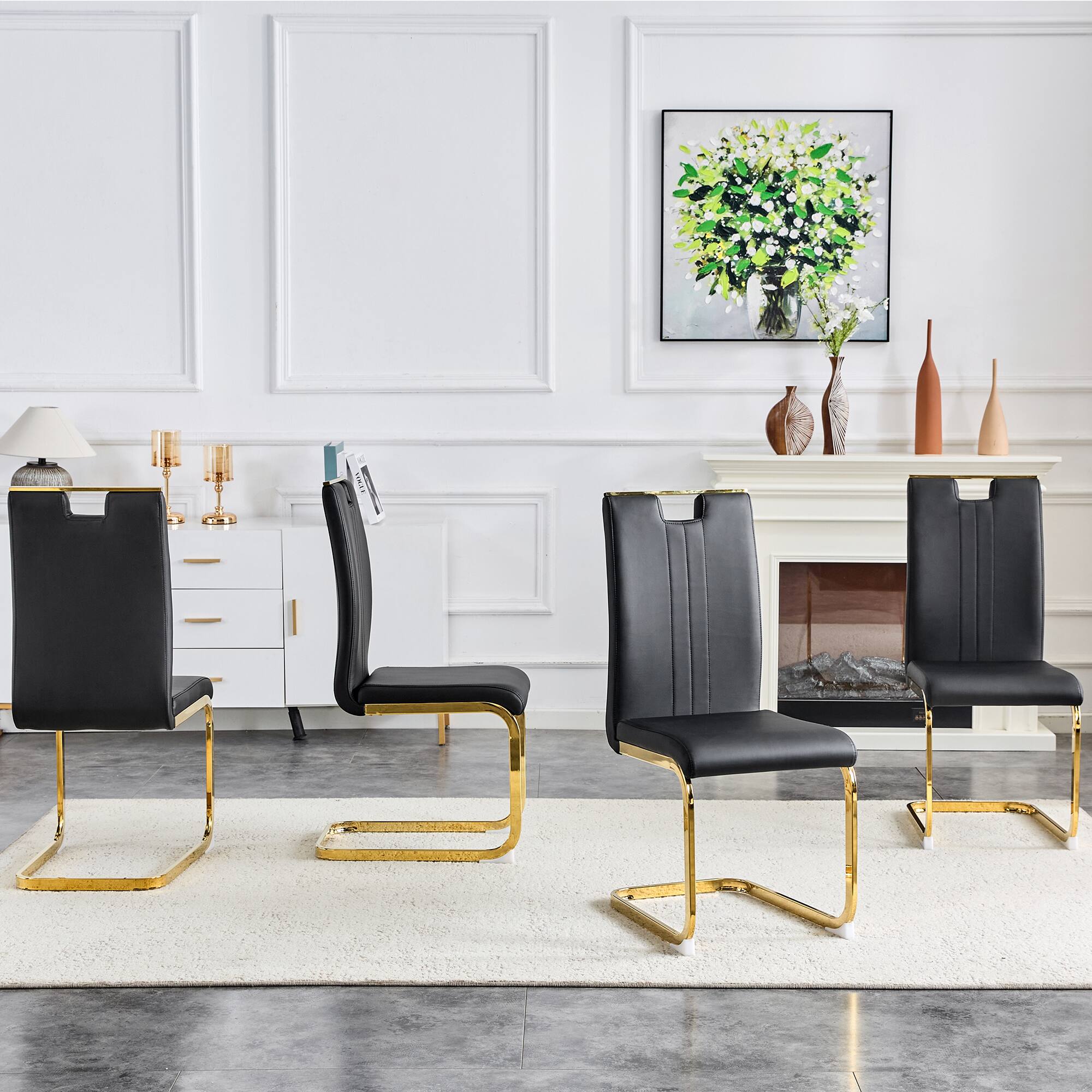 Alt View 2. Loheer - Modern Black Gold PU Leather Cantilever Dining Chairs Set of 2, 1.31x1.71x3.18 ft Kitchen Seating - Black,Gold.