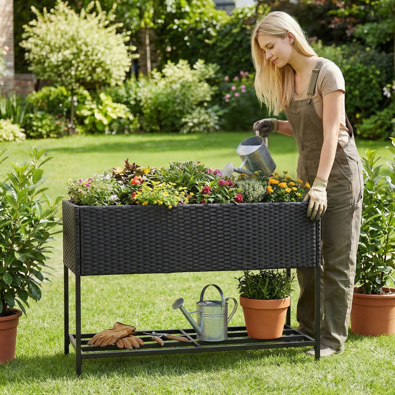 Alt View 3. Gymax - Gymax Elevated Planter Box Raised Garden Bed w/Rattan Surface Bottom Storage Shelf - Black.