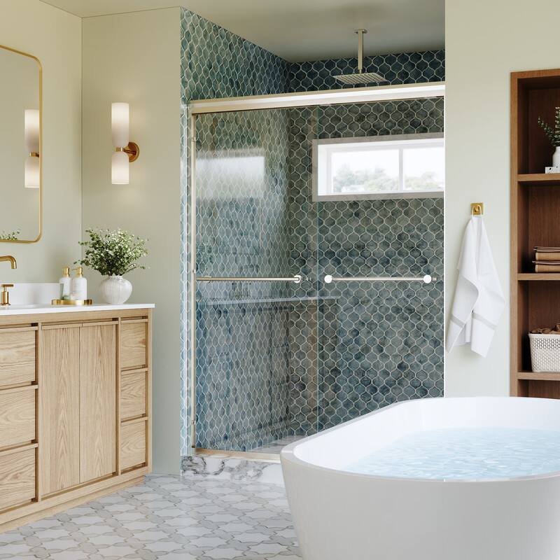 Angle. WELLFOR - 50-54 in. W x 72 in. H Framed Sliding Shower Door with 1/4 in. Clear Tempered Safety Glass,Reversible - Brushed Nickel.