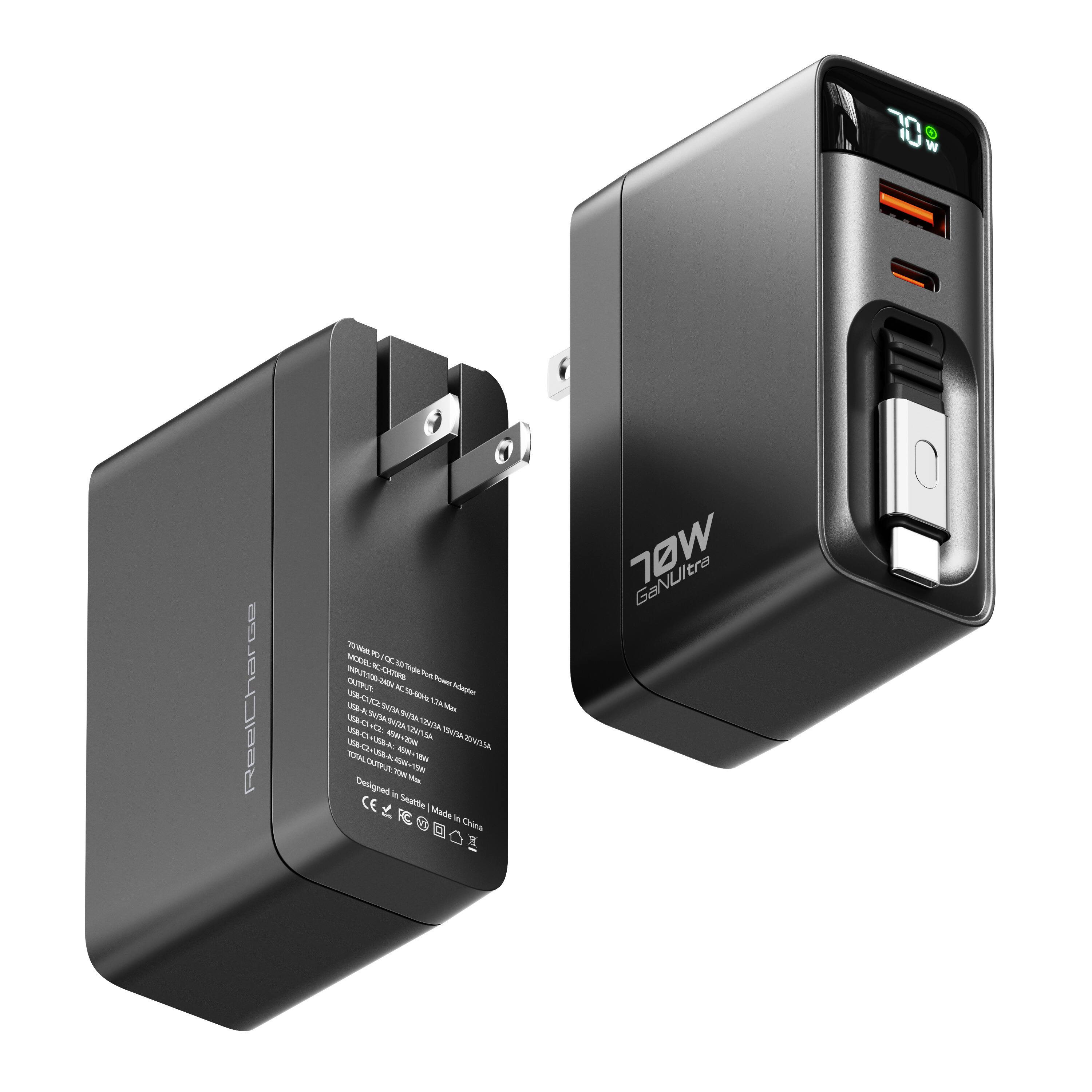 70W ReelCharge - 70W PD/CC 30W Type-C Portable Power Bank  
Model: MCDEL-M-NS  
Input: 100-240V~50/60Hz 0.5A  
Output: USB-A: 5V/2.4A, 9V/2A, 12V/1.5A, 20V/3.25A  
USB-C: 5V/3A, 9V/3A, 12V/3A, 20V/3A  
Total Capacity: 20000mAh  
Designed in Seattle | Made in China  
CE FCC RoHS