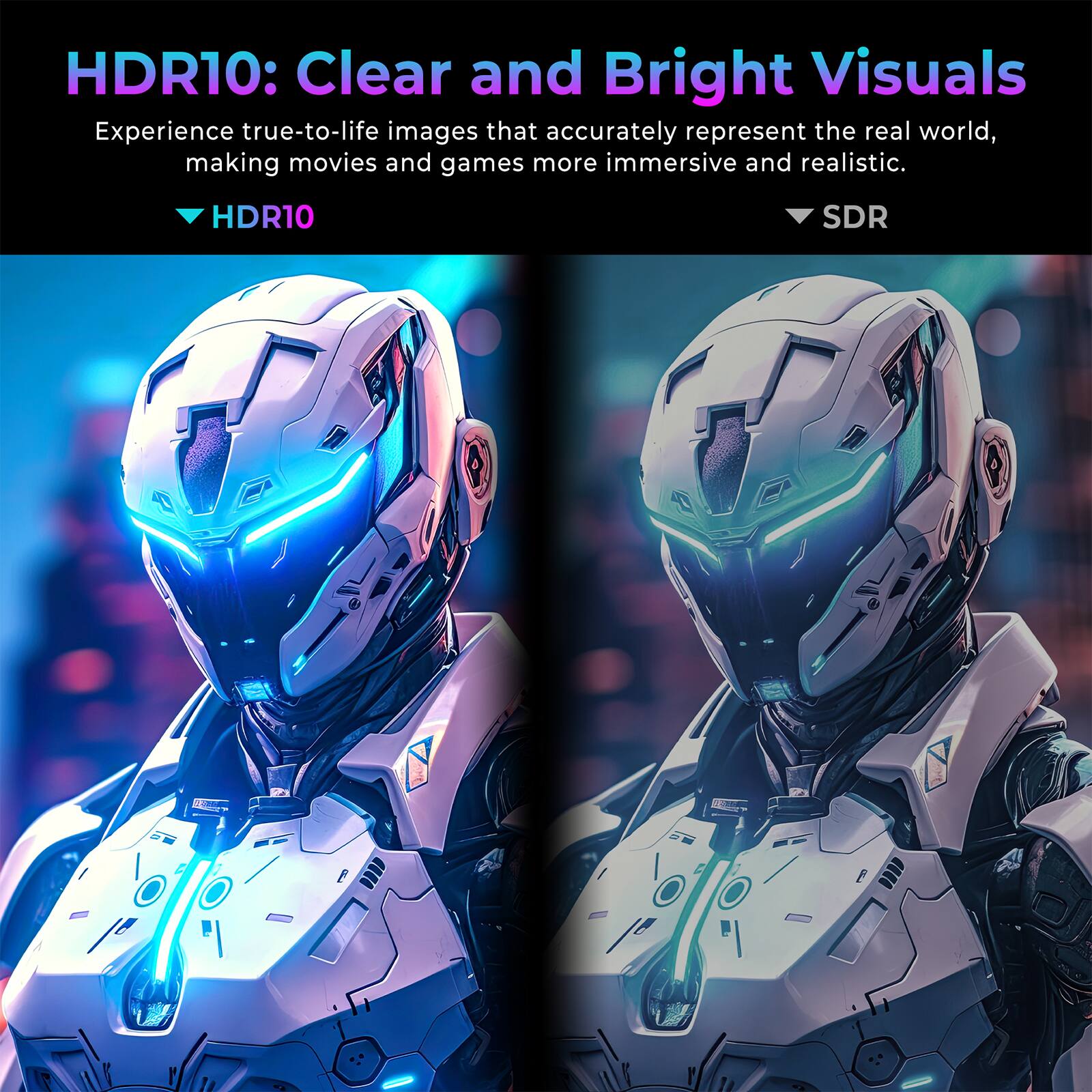 HDR10: Clear and Bright Visuals

Experience true-to-life images that accurately represent the real world, making movies and games more immersive and realistic.

HDR10

SDR