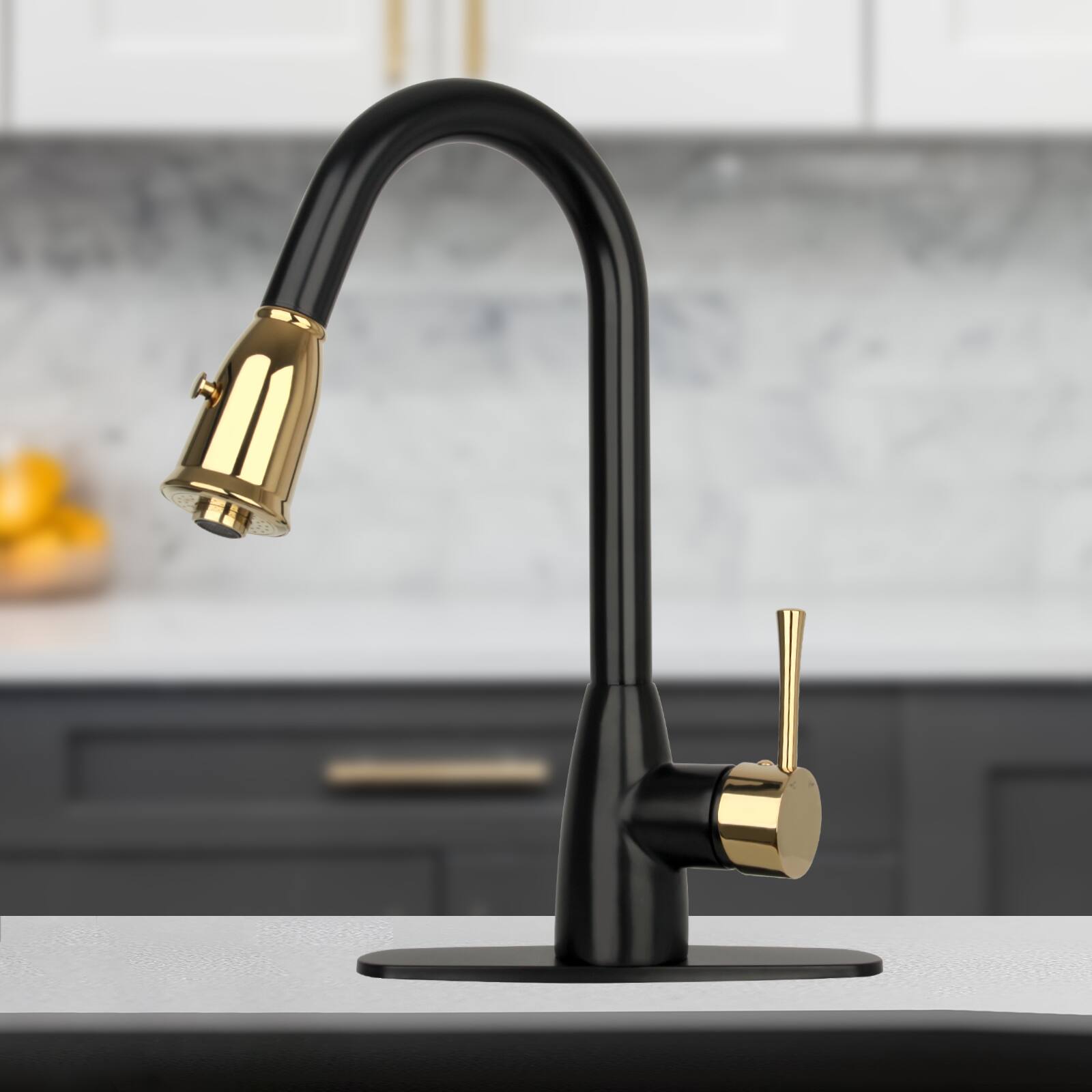 Alt View 1. Akicon - Akicon One-Handle Solid Brass Kitchen Faucet with Pull Down Sprayer in Matte Black & Gold - Matte Black & Gold.