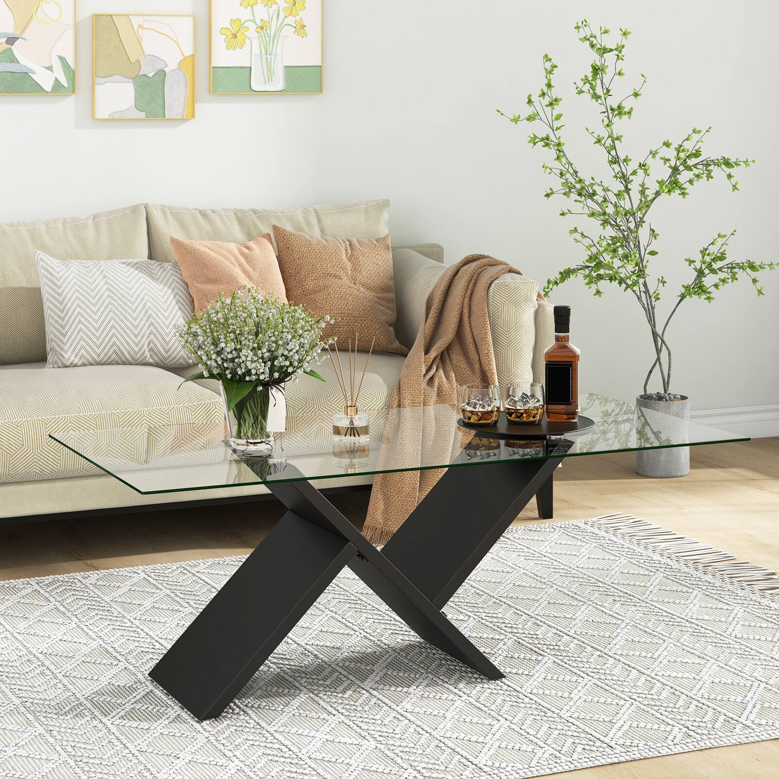 Alt View 7. Ecooso - 47 Inch Glass Coffee Table with Tempered Tabletop, Modern Rectangular Center Table - Black.